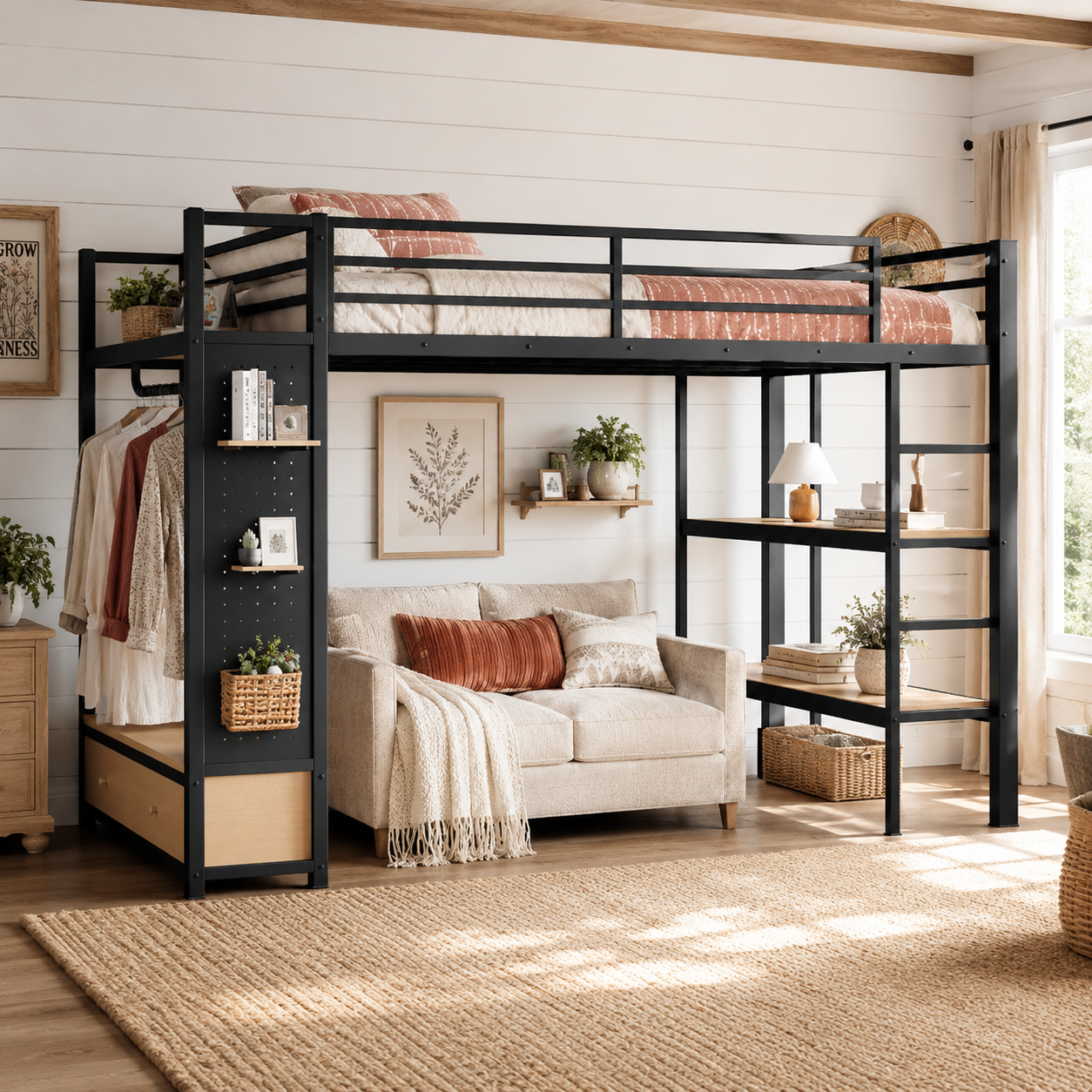 Lilwen black queen size metal loft bed with open wardrobe and storage drawers in a warm bedroom