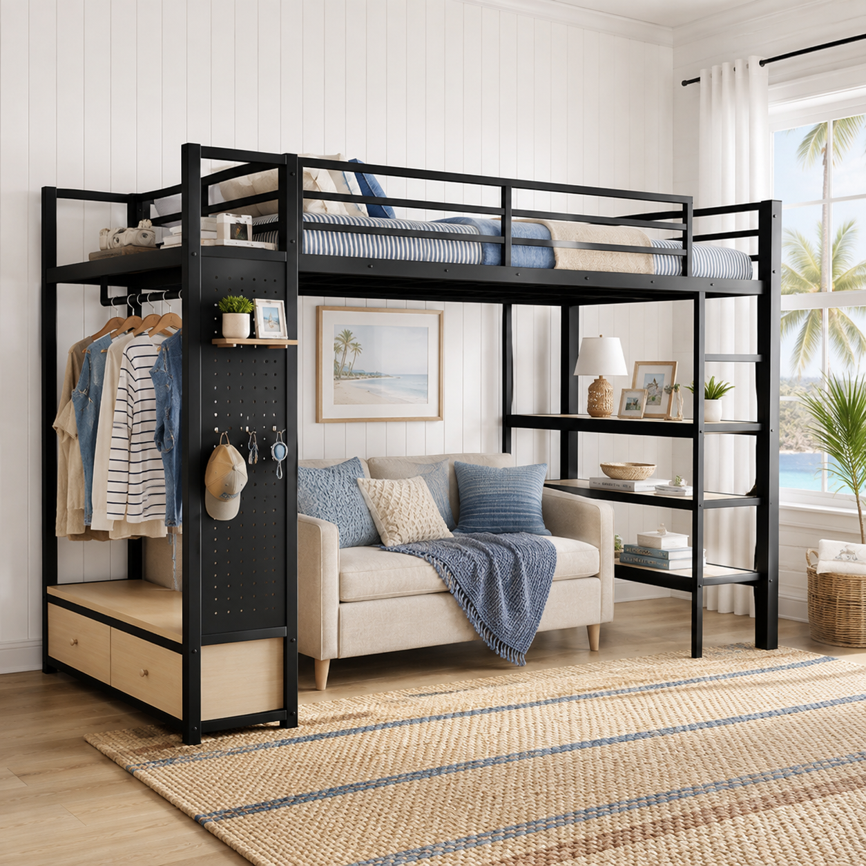 Lilwen black queen size metal loft bed with blue bedding and underbed lounge space in a bedroom