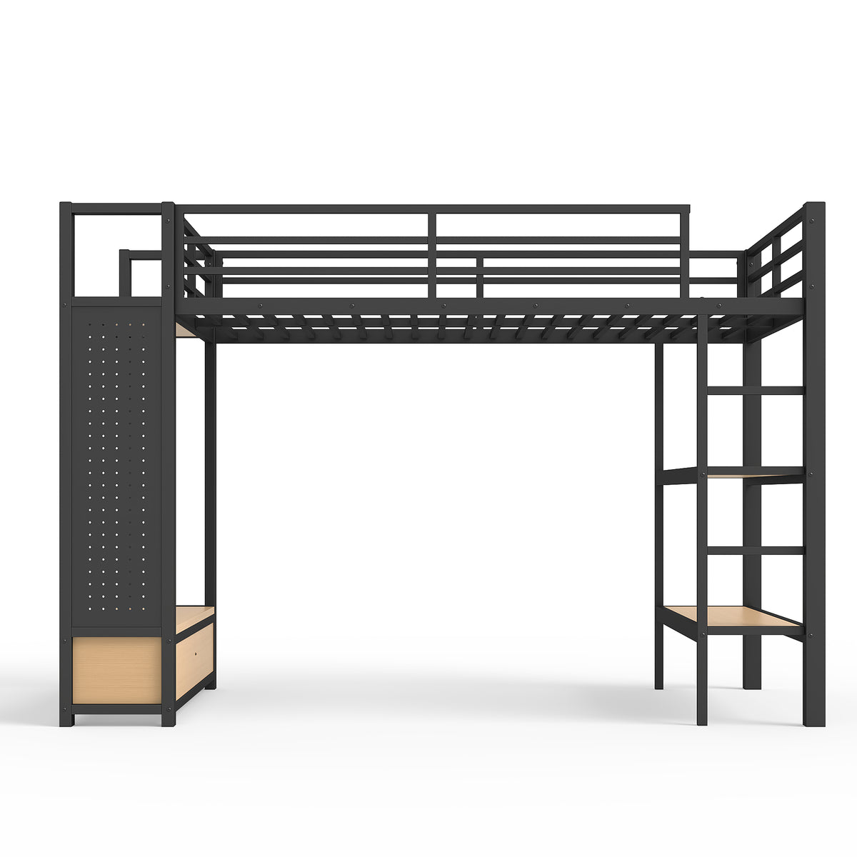 Lilwen black loft bed showing a front angled view with open wardrobe pegboard and storage drawers