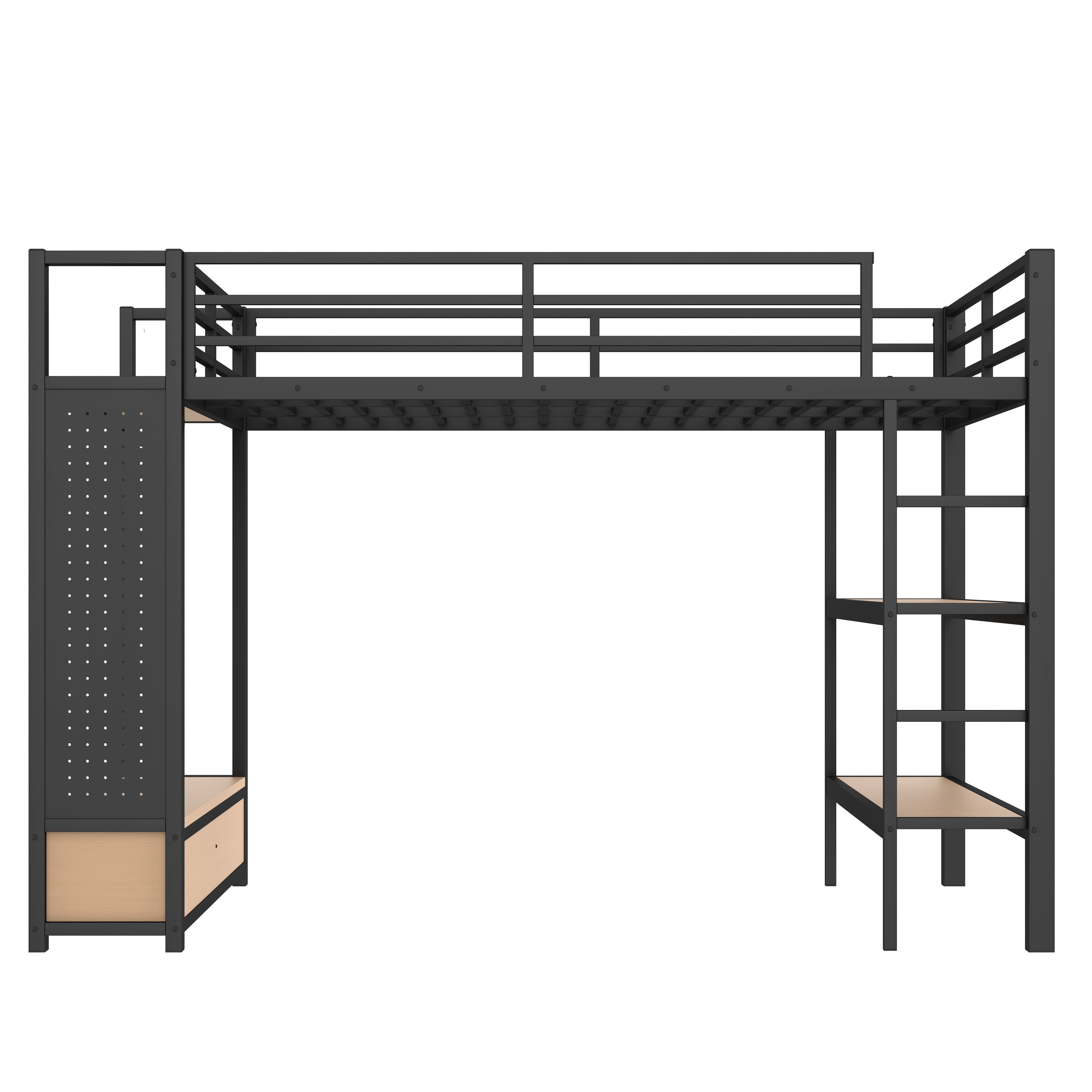 Lilwen black queen size metal loft bed front angled view on white background