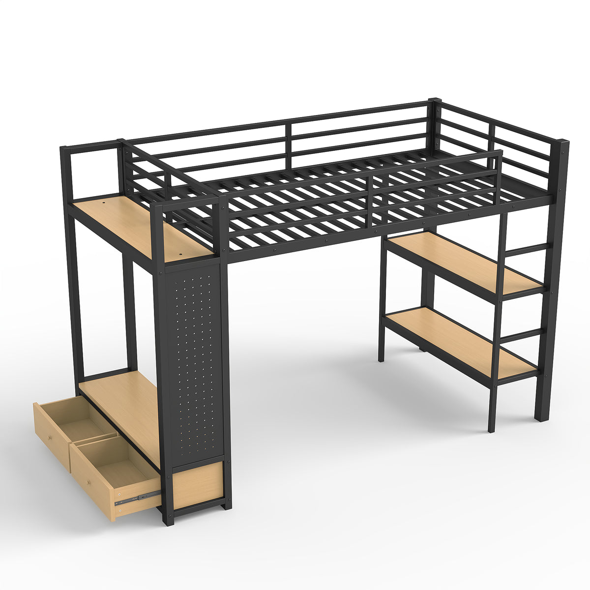 Lilwen black loft bed showing an angled side view with loft frame wardrobe and lower storage