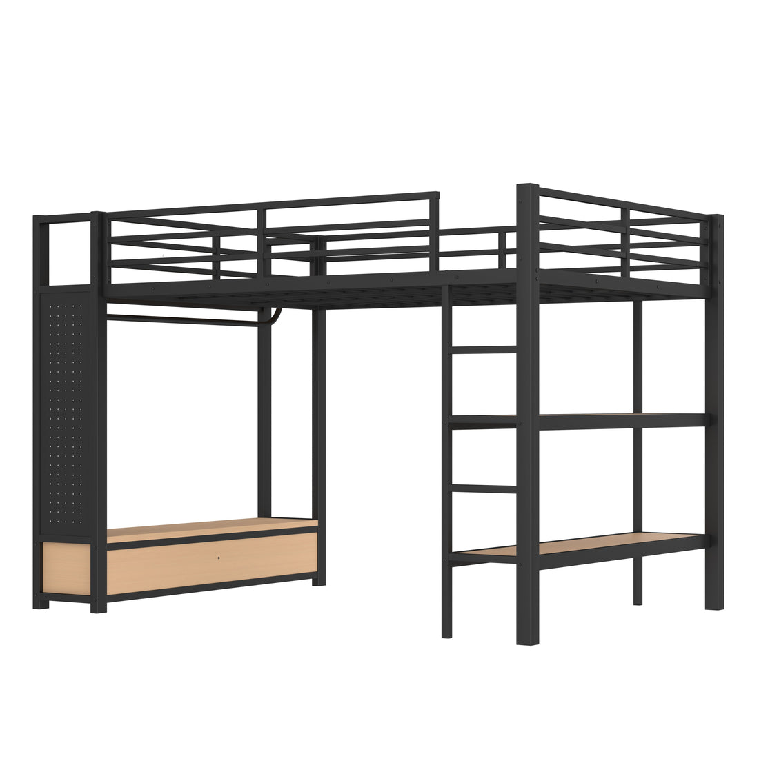 Lilwen black queen size metal loft bed front view with wardrobe and shelves on white background