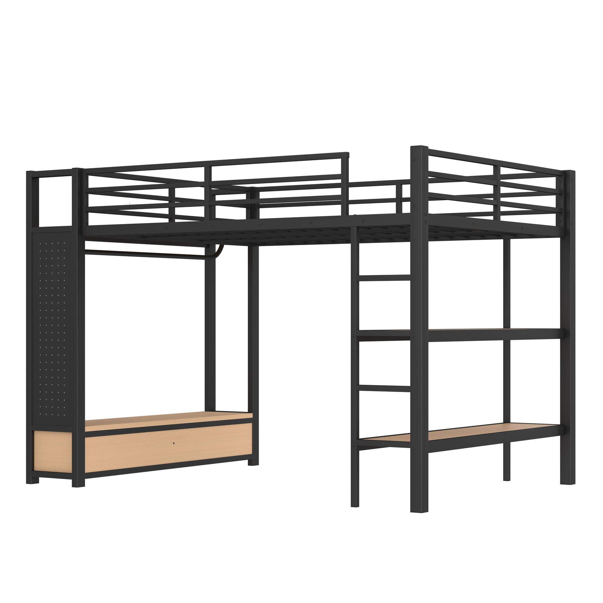 Lilwen black queen size metal loft bed front view with wardrobe and shelves on white background