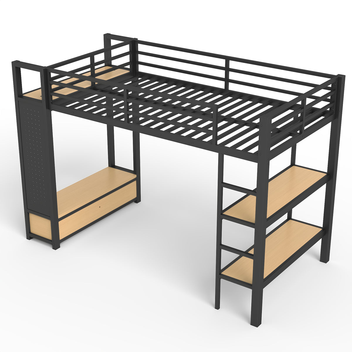 Lilwen black loft bed showing a front view with ladder open wardrobe and underbed space