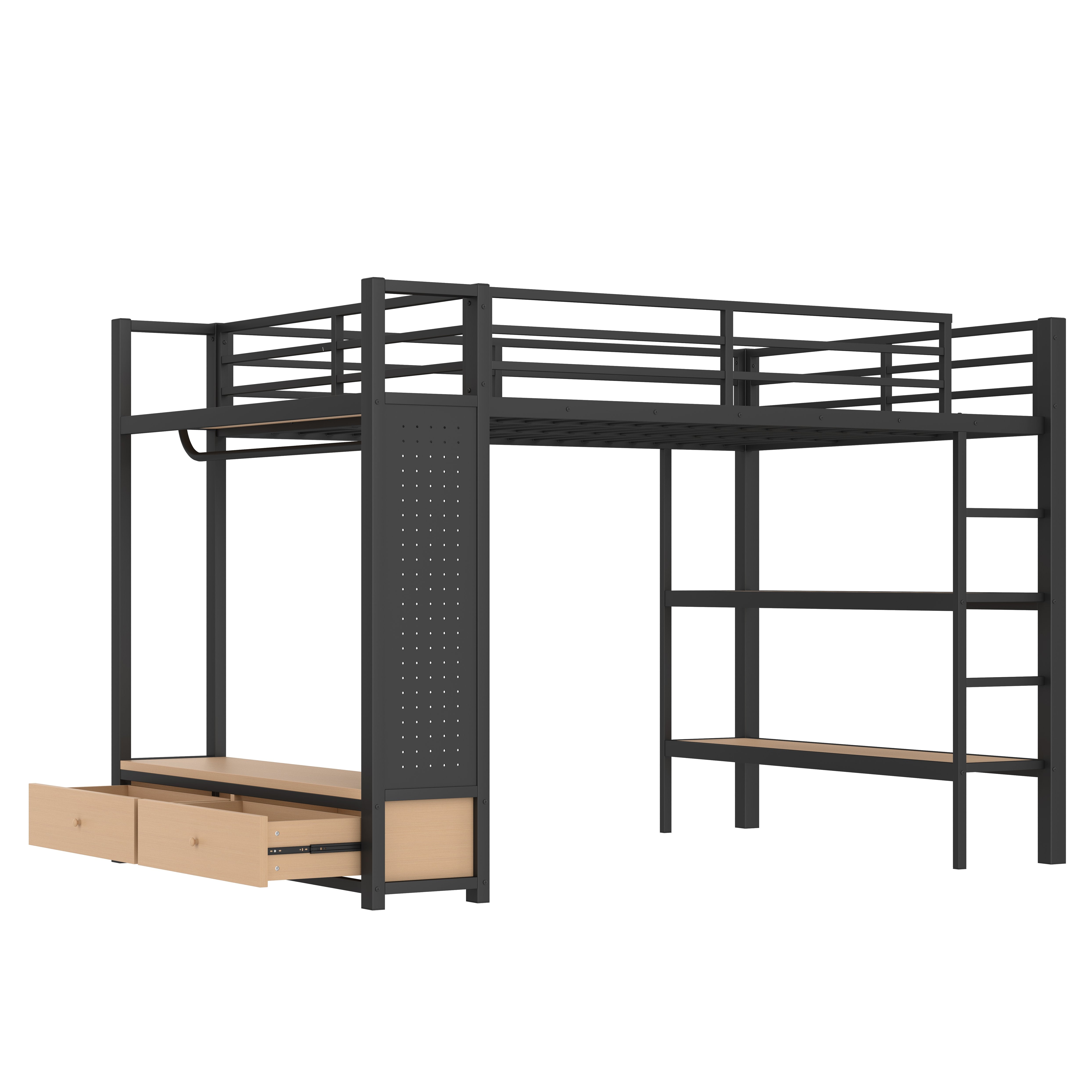 Lilwen black queen size metal loft bed side view with pegboard panel on white background