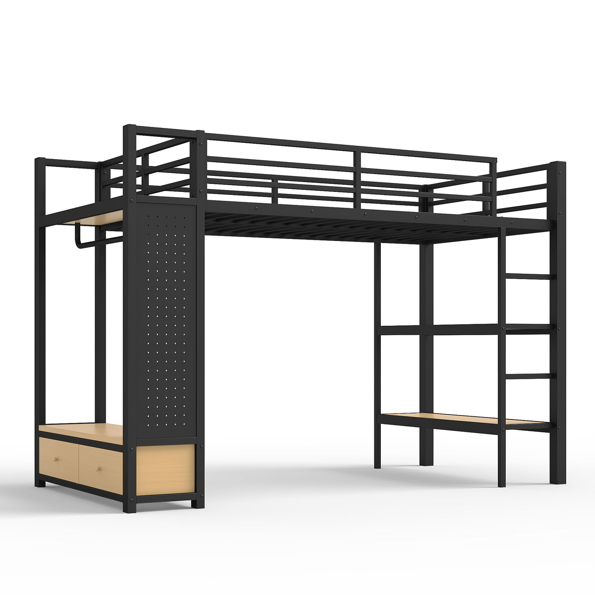 Lilwen black loft bed showing a front view with ladder open wardrobe and underbed space