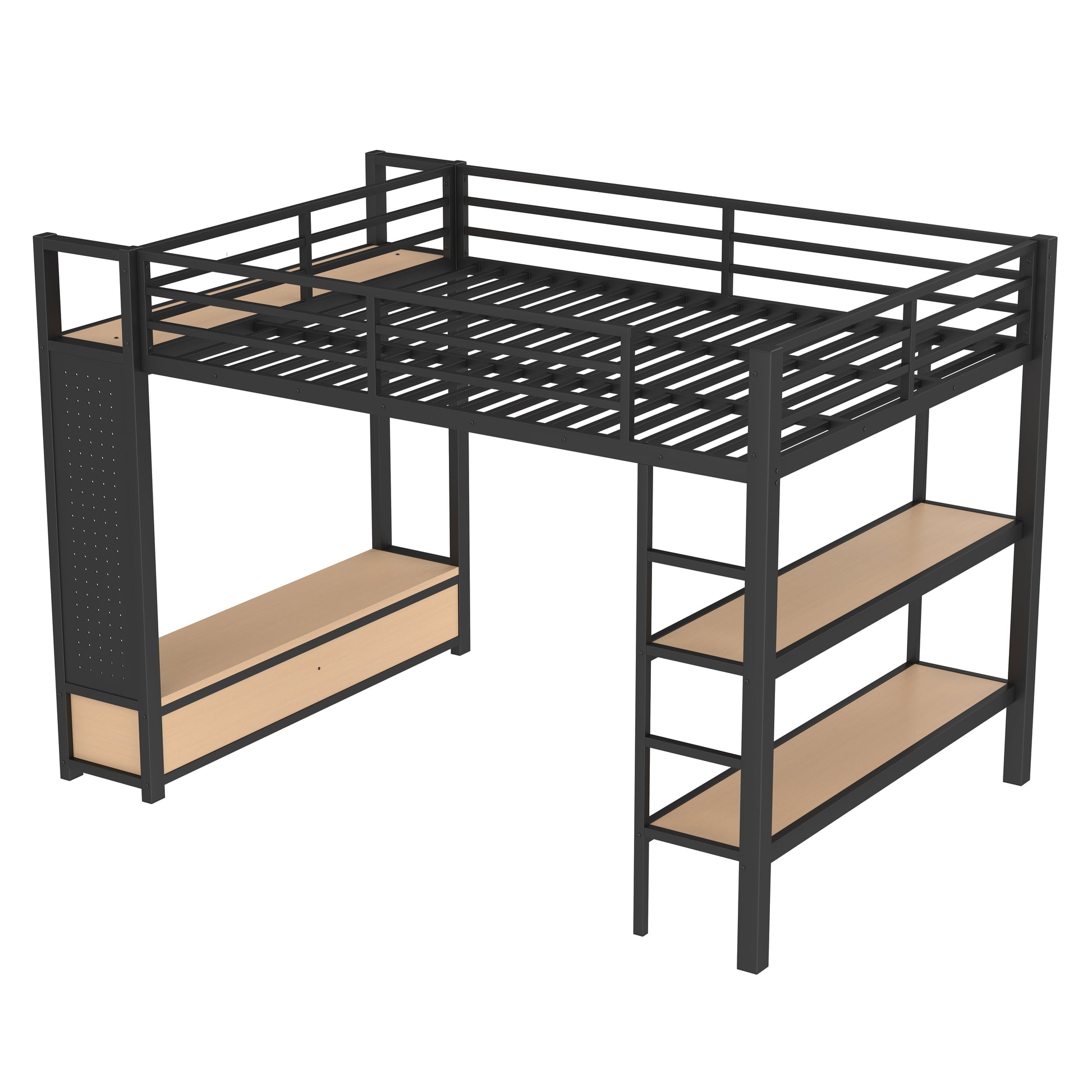 Lilwen black queen size metal loft bed side angled view with open wardrobe on white background