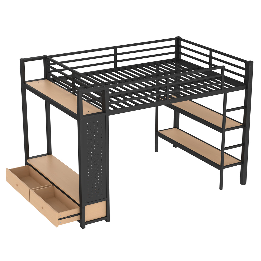 Lilwen black queen size metal loft bed angled view with underbed storage drawers on white background