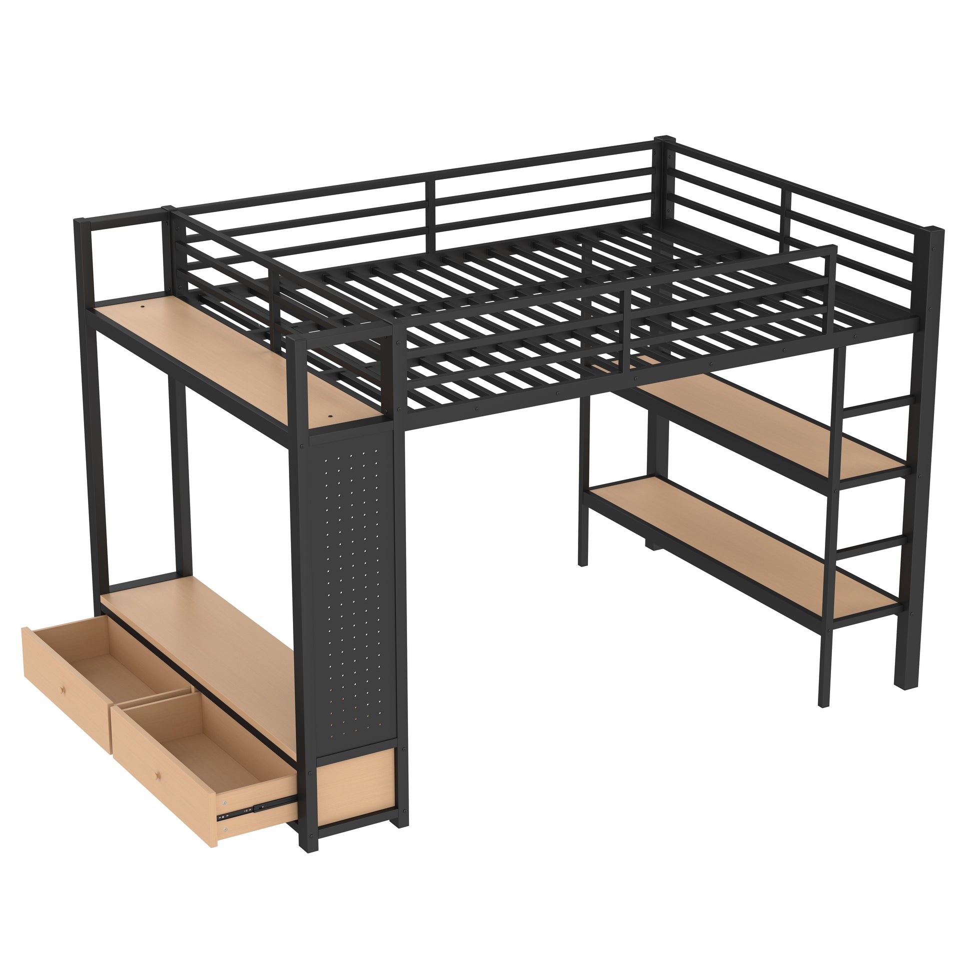 Lilwen black queen size metal loft bed angled view with underbed storage drawers on white background