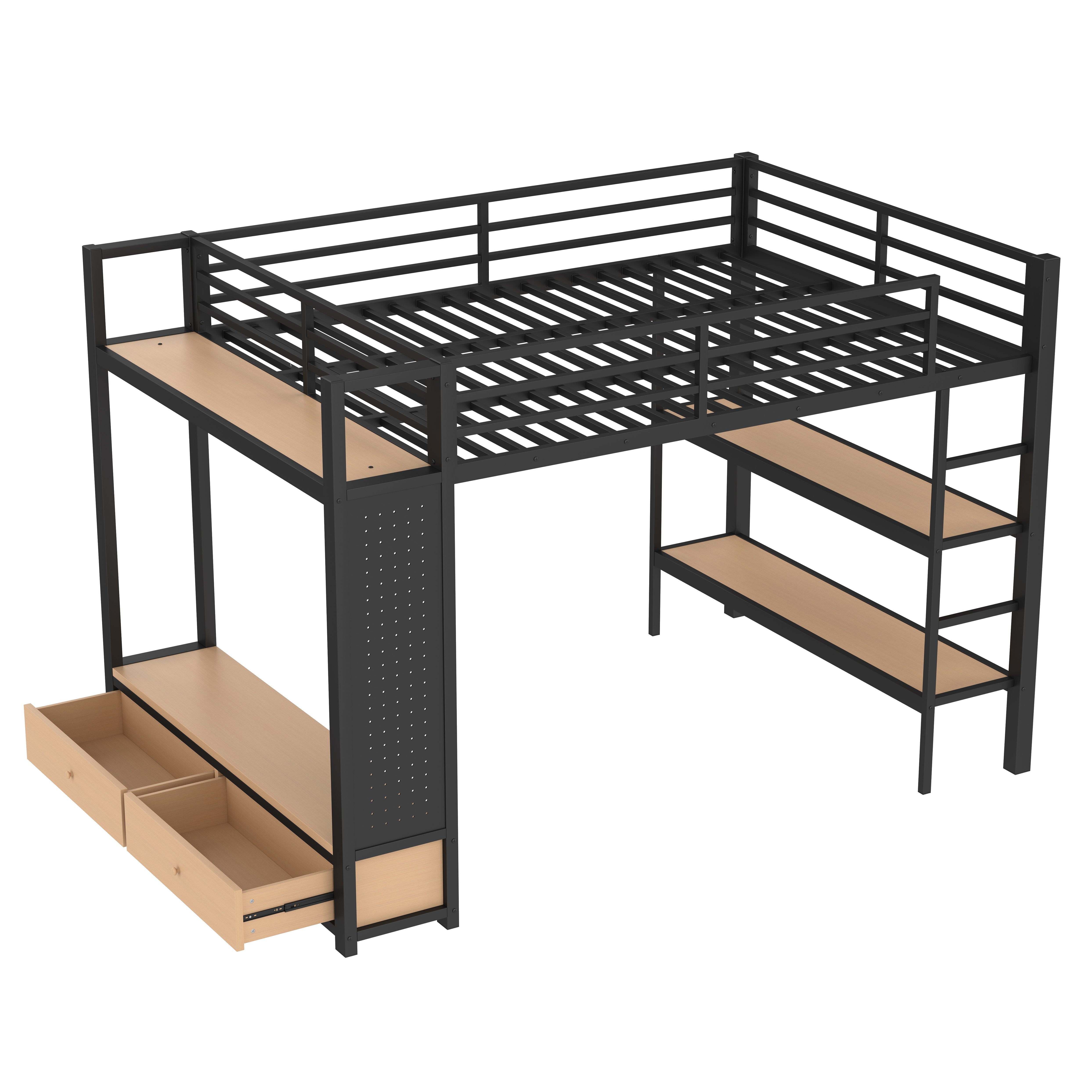 Lilwen black queen size metal loft bed angled view with underbed storage drawers on white background