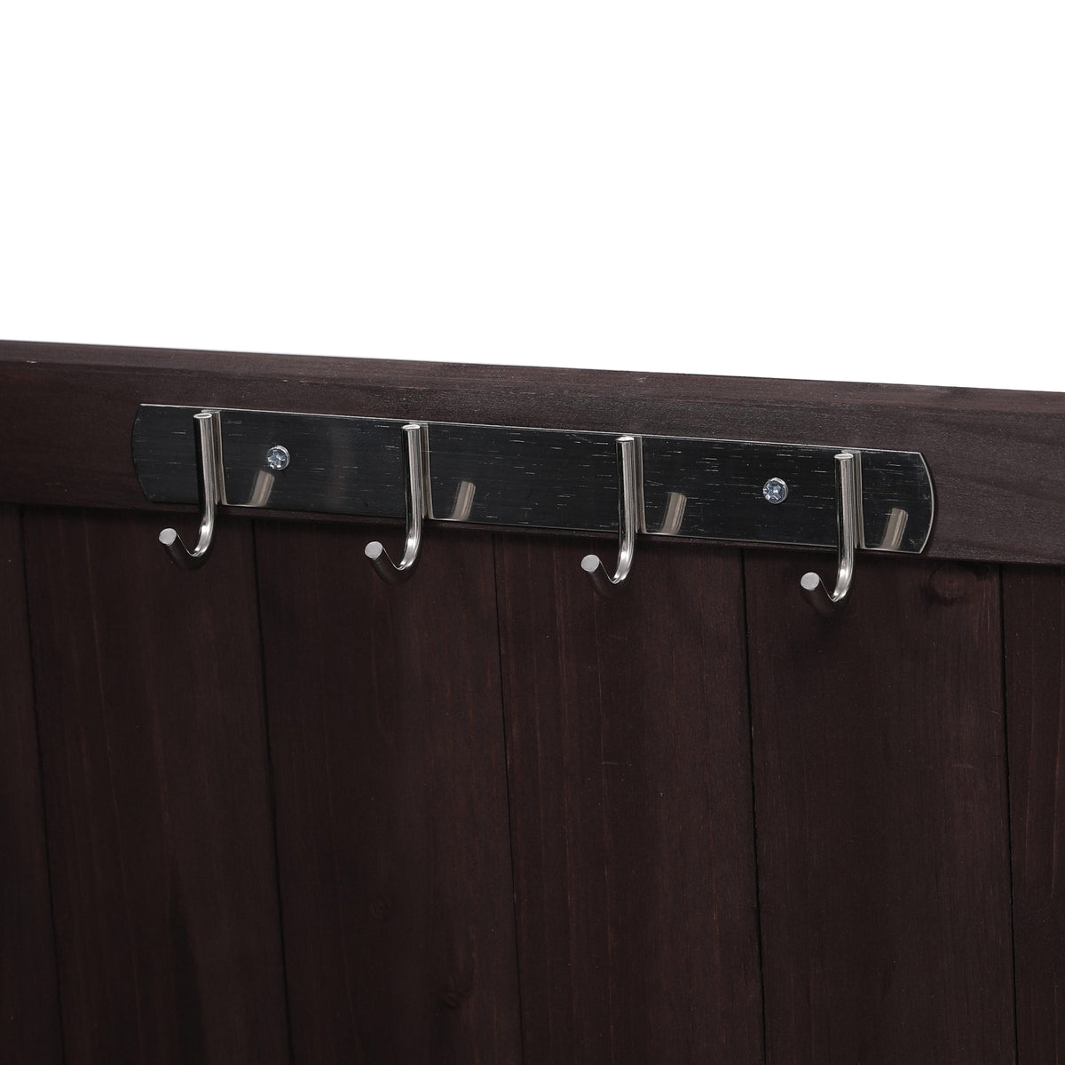 Close-up of utility hooks mounted inside the black Limoges outdoor kitchen island cabinet door for hanging towels grilling tools and outdoor cooking accessories