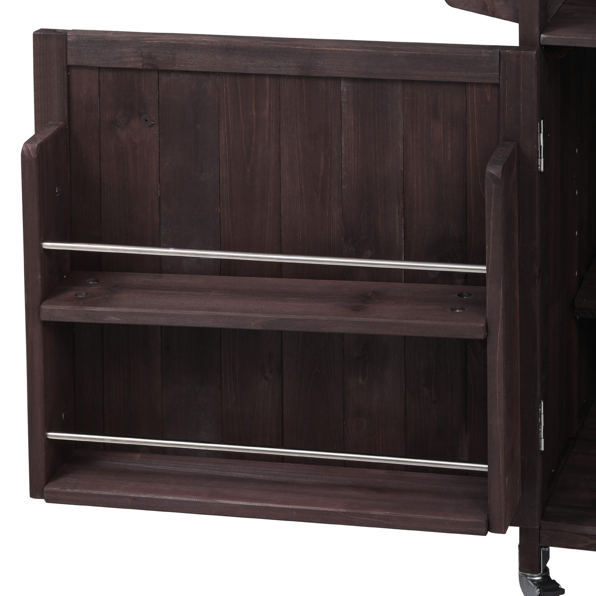 Close-up of the built-in door storage rack on the black Limoges outdoor kitchen island featuring dual shelves and metal guard rails for organizing spices sauces and grilling accessories