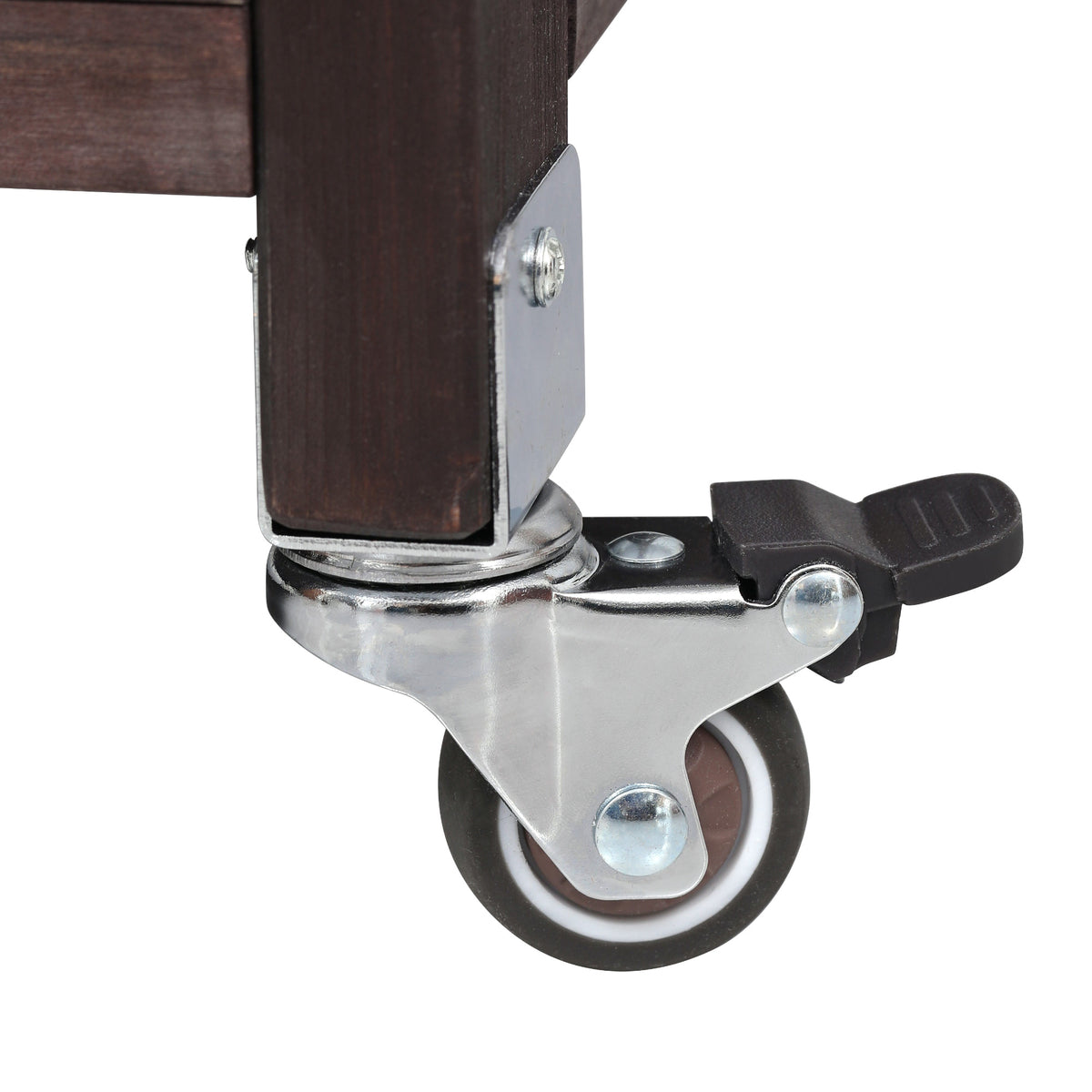 Close-up of the locking caster wheel on the black Limoges outdoor kitchen island showing smooth rolling mobility and secure brake function for patio and outdoor kitchen use