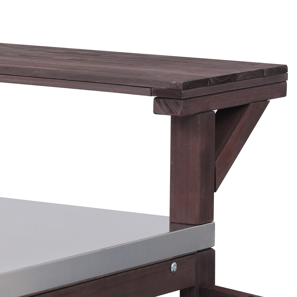 Close-up of the raised upper shelf and stainless steel countertop on the black Limoges outdoor kitchen island showing solid wood support structure for serving storage and outdoor entertaining