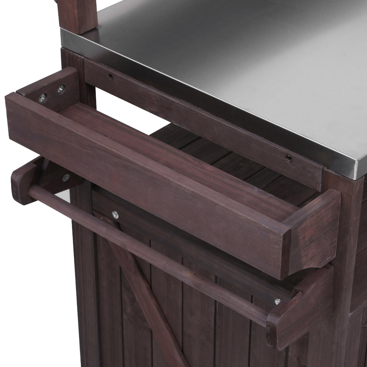 Close-up of the side spice rack and towel bar on the black Limoges outdoor kitchen island with stainless steel countertop and solid wood construction for outdoor cooking convenience