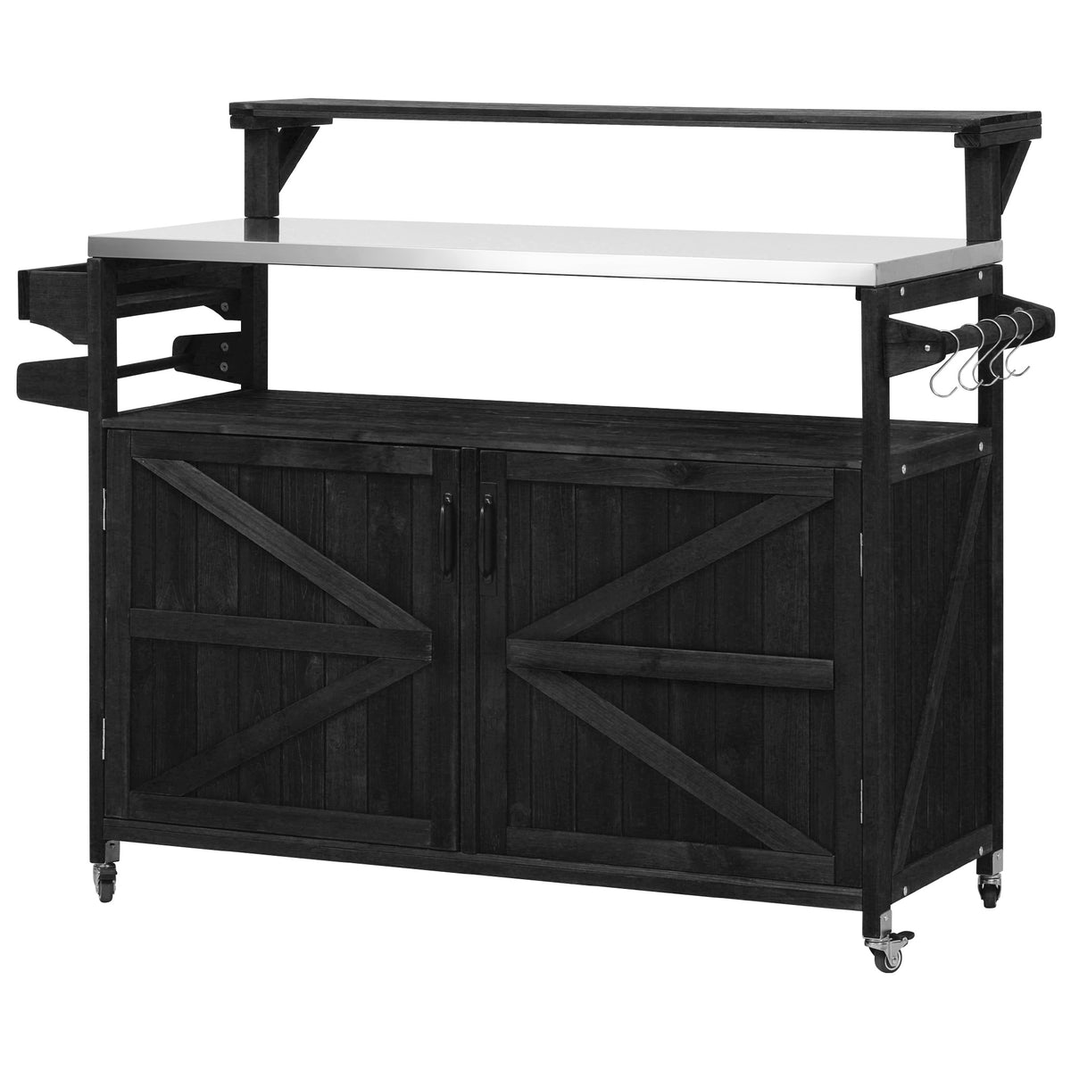 Black Limoges outdoor kitchen island with stainless steel countertop raised serving shelf utility hooks double cabinet doors and rolling caster wheels for patio grilling and outdoor entertaining