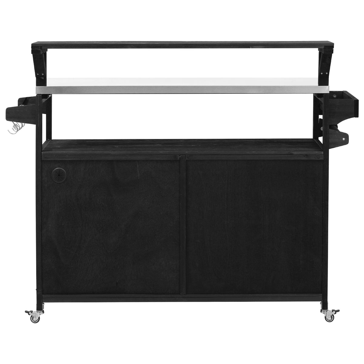 Back view of black Limoges outdoor kitchen island with stainless steel countertop, raised serving shelf, side spice racks, caster wheels and enclosed storage cabinet for patio grilling and outdoor entertaining