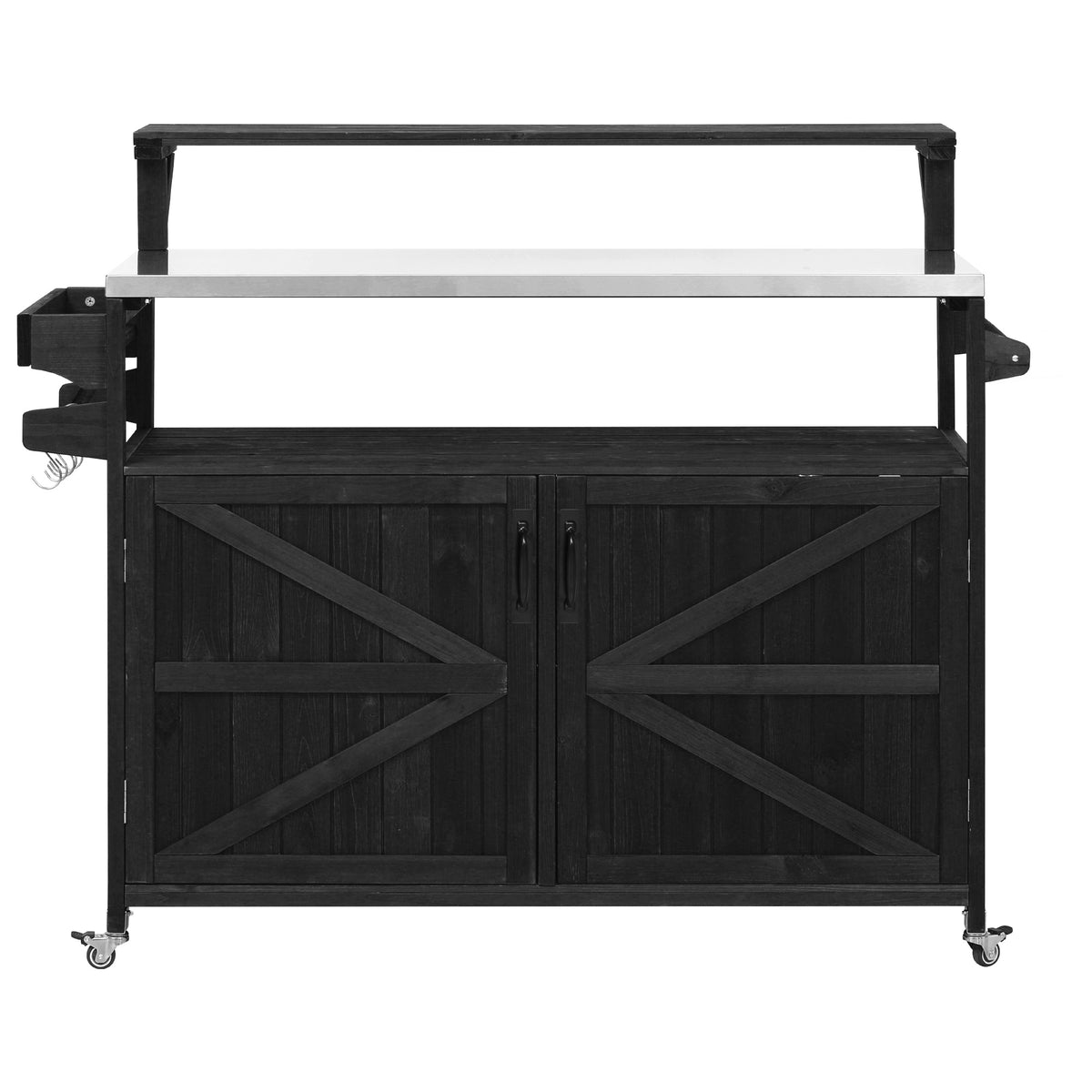 Black Limoges solid wood outdoor kitchen island with stainless steel countertop raised shelf enclosed cabinet storage utility hooks and rolling caster wheels for patio BBQ prep and entertaining