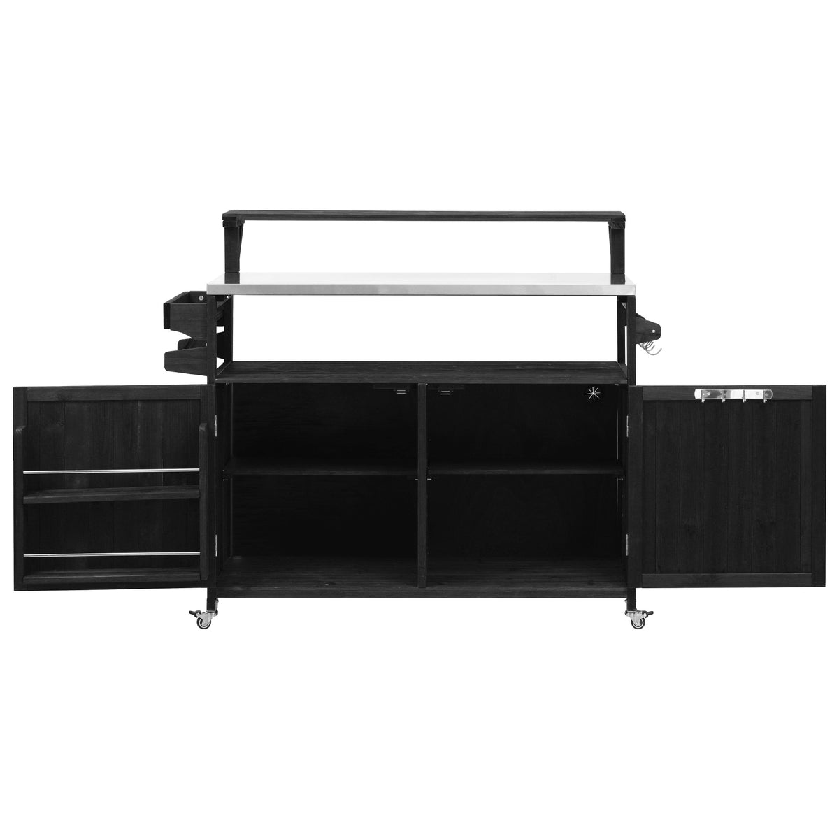 Black Limoges outdoor kitchen island with both cabinet doors open showing adjustable shelves interior storage spice rack utility hooks stainless steel countertop and rolling caster wheels for outdoor cooking spaces