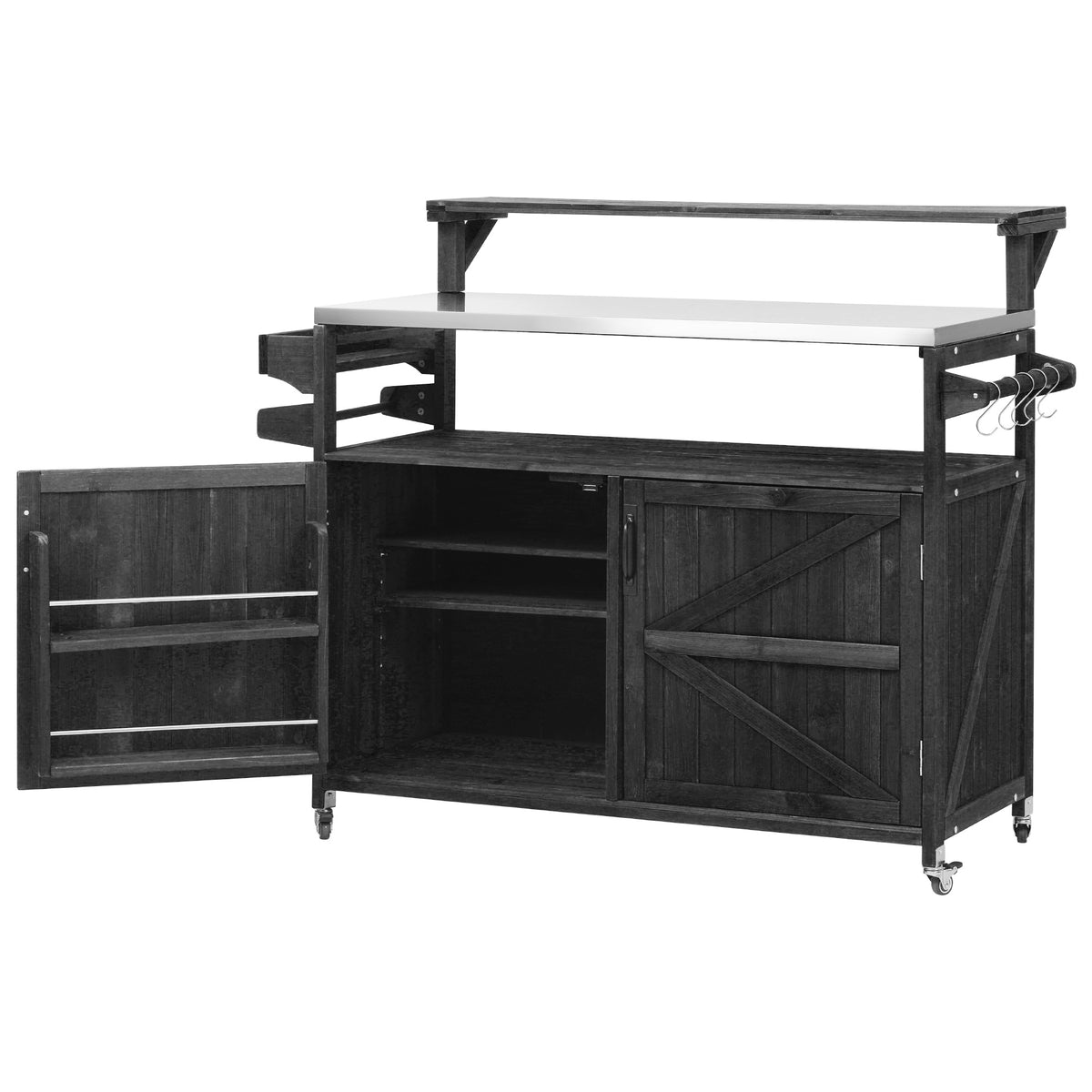 Black Limoges outdoor kitchen island with open cabinet storage adjustable shelves spice rack towel holder stainless steel countertop and rolling caster wheels for patio grilling and outdoor entertaining