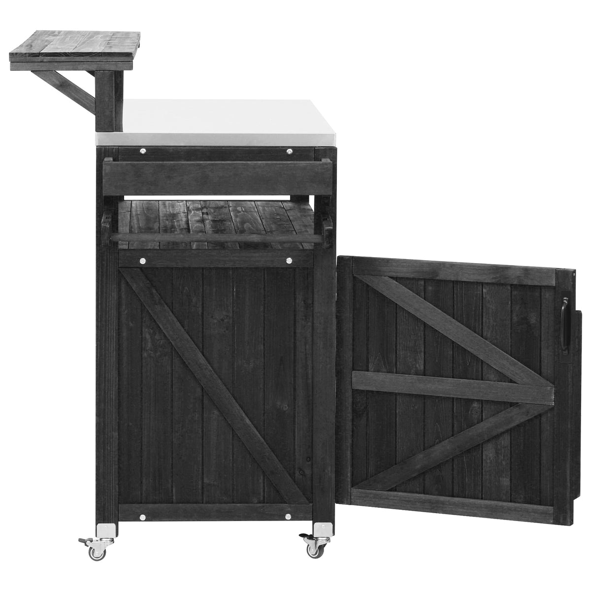 Side view of black Limoges outdoor kitchen island with open barn-style cabinet door stainless steel countertop raised shelf storage rack caster wheels and outdoor prep station design