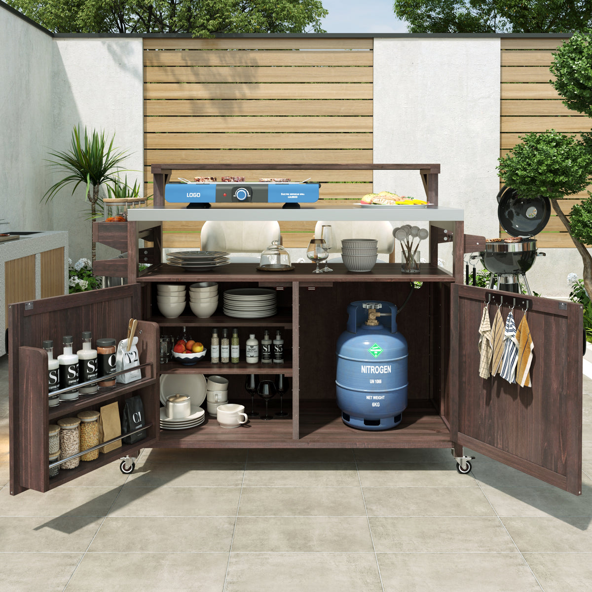 Brown Limoges solid wood outdoor kitchen island with stainless steel top spacious cabinet storage spice racks towel hooks and rolling caster wheels designed for outdoor grilling and patio entertaining