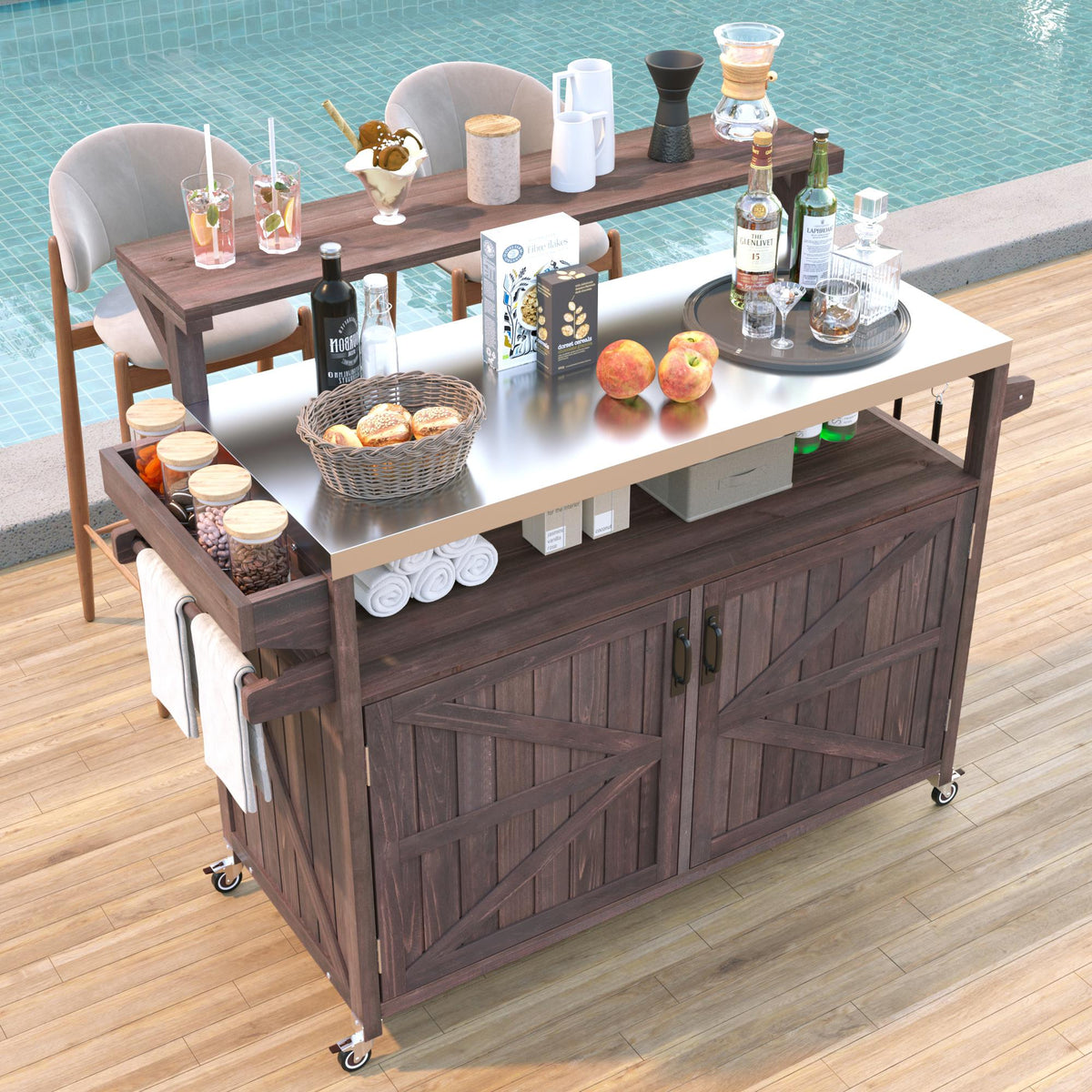 Brown Limoges solid wood rolling outdoor kitchen island with stainless steel top raised shelf spice rack and storage cabinet styled beside a pool for outdoor entertaining and grilling prep