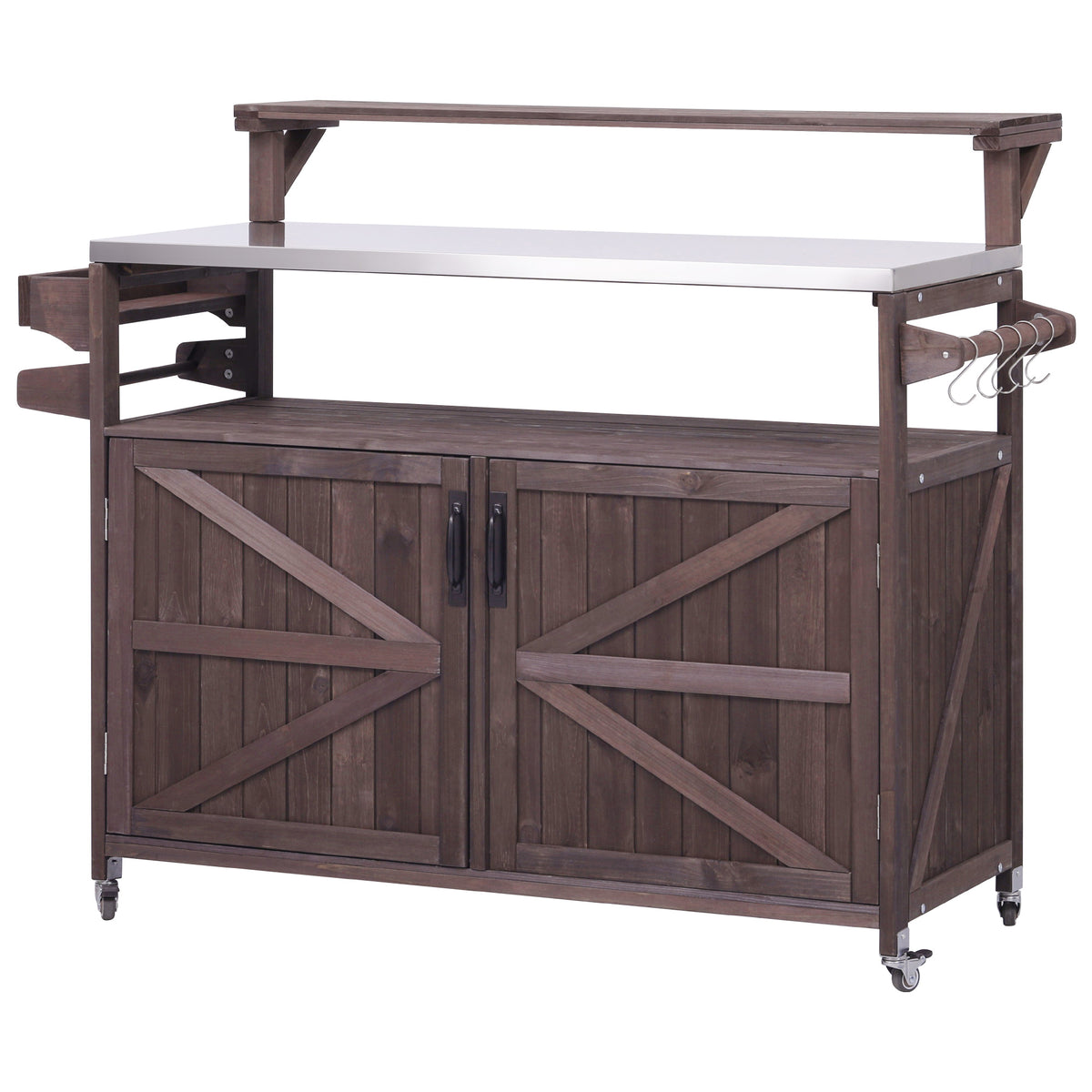 Brown Limoges rolling outdoor kitchen island with stainless steel countertop raised shelf towel rack utility hooks double barn-style cabinet doors and caster wheels for patio cooking and entertaining