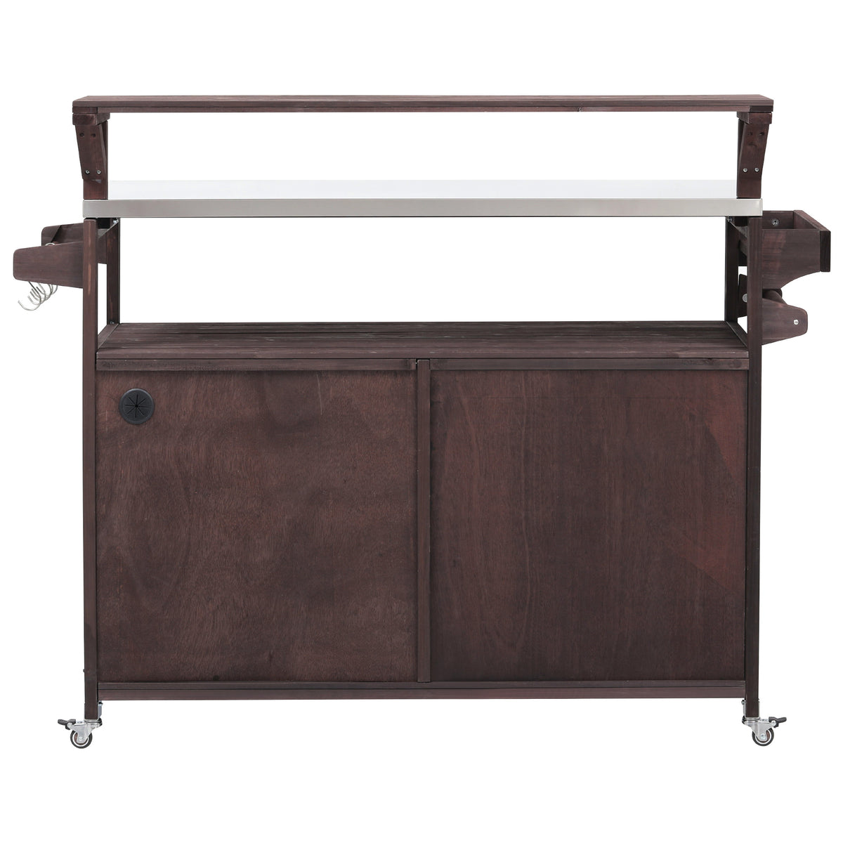Back view of brown Limoges outdoor kitchen island with stainless steel countertop raised serving shelf side spice racks caster wheels and enclosed storage cabinet for patio and BBQ use