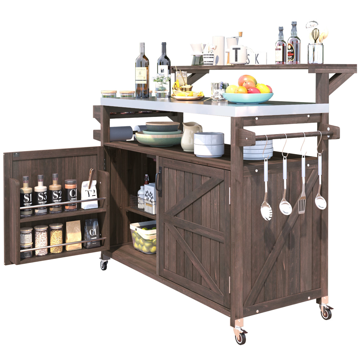 Brown Limoges outdoor kitchen island with stainless steel countertop open storage shelves spice rack hanging utensil hooks rolling wheels and farmhouse cabinet design for patio cooking and outdoor entertaining