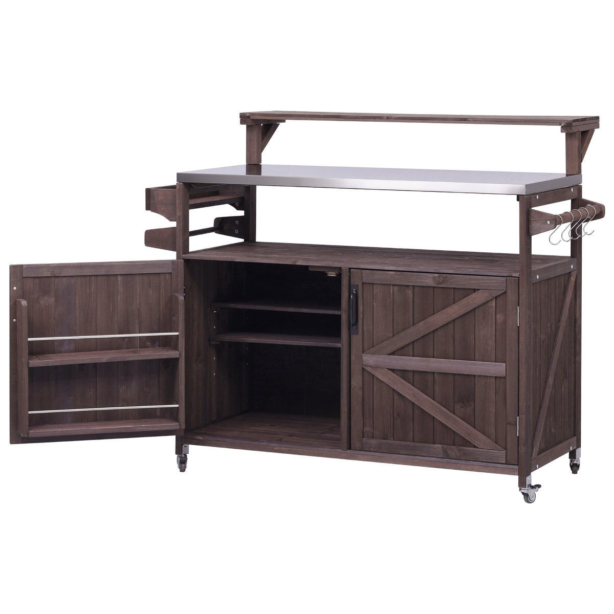 Angled view of brown Limoges outdoor kitchen island with open cabinet storage adjustable shelves spice rack utility hooks stainless steel countertop and rolling wheels for outdoor cooking spaces