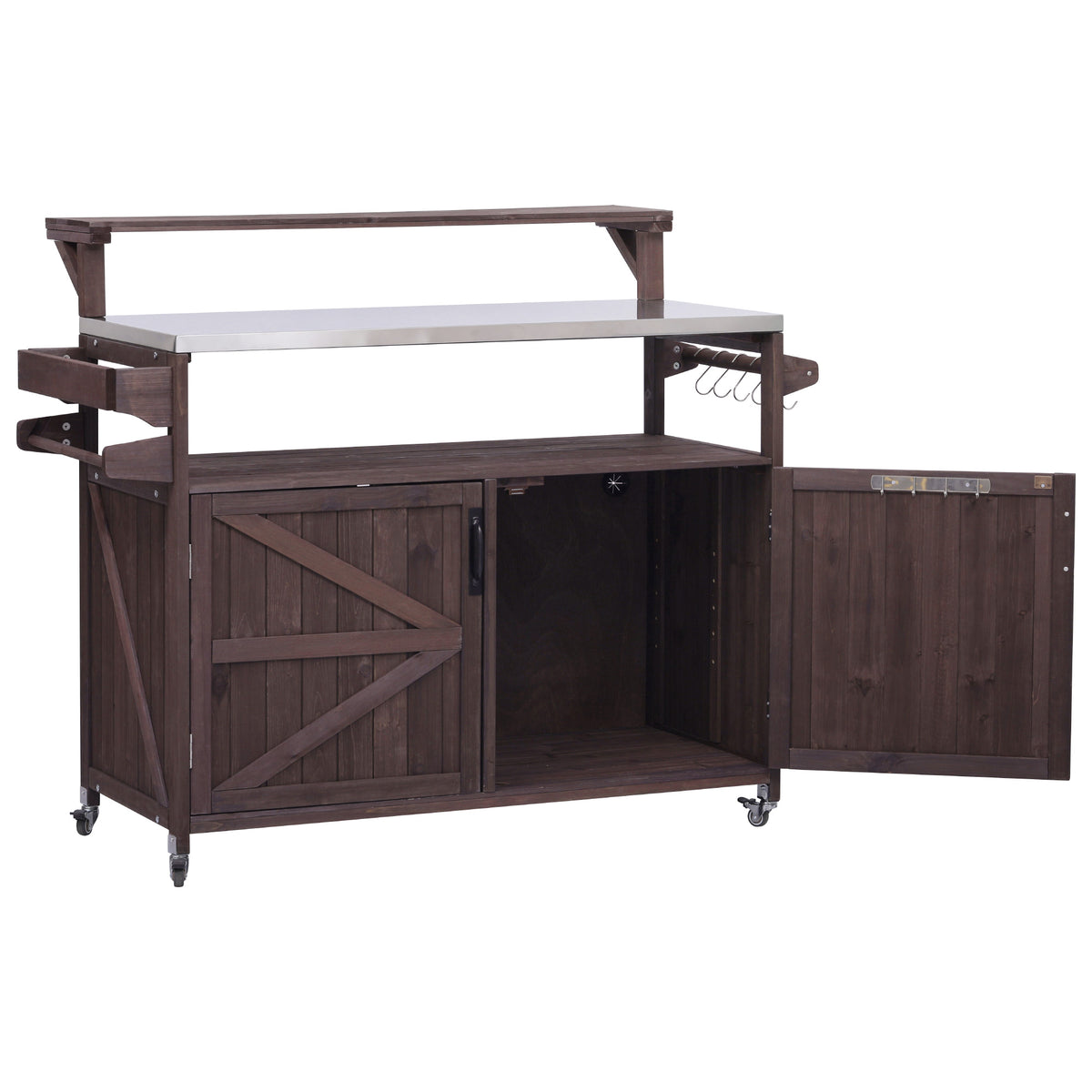 Brown Limoges outdoor kitchen island with open right cabinet compartment stainless steel prep top utility hooks rolling caster wheels and farmhouse-style wood storage design for patio grilling and outdoor entertaining