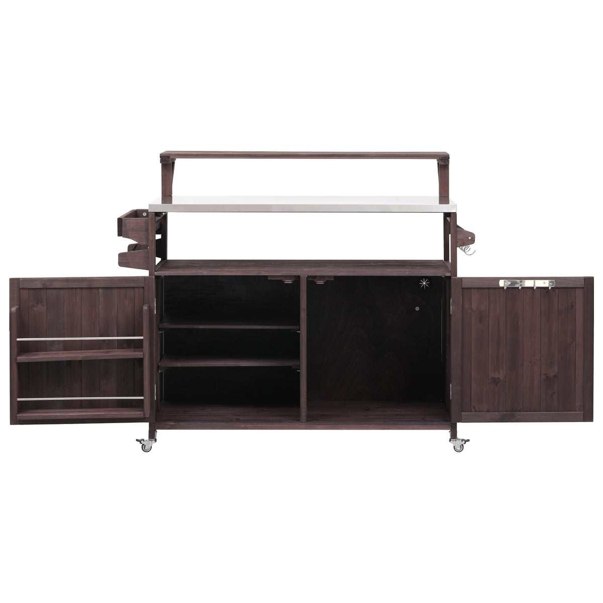 Brown Limoges outdoor kitchen island with open double cabinet doors adjustable storage shelves spice rack stainless steel prep surface and propane tank compartment for patio grilling and outdoor entertaining