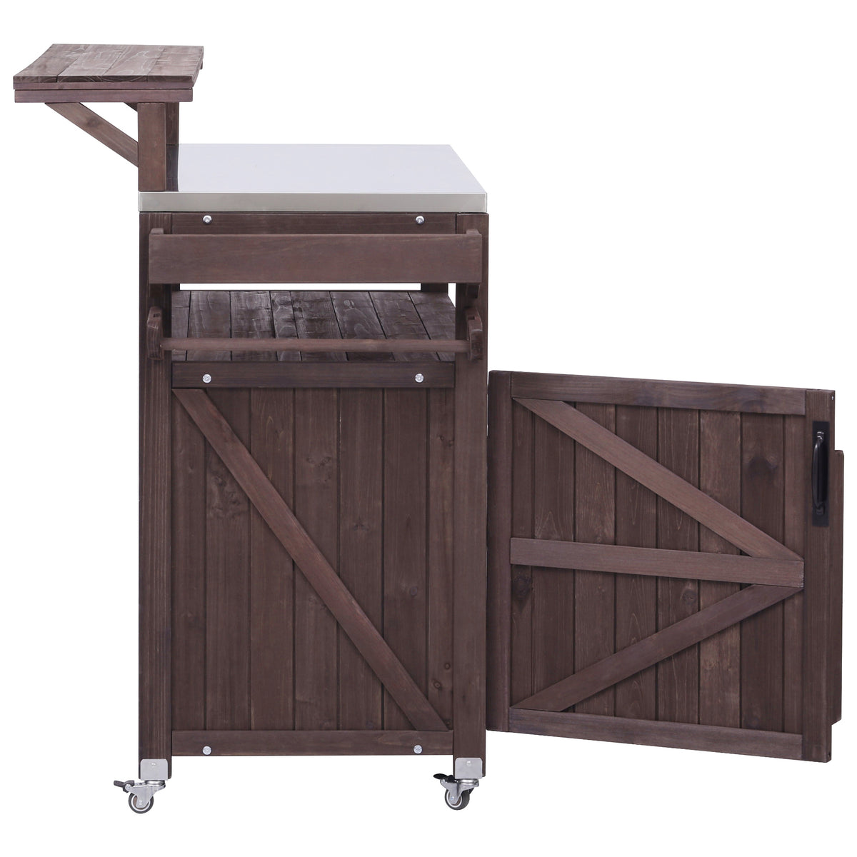 Side view of brown Limoges outdoor kitchen island with open barn-style cabinet door stainless steel countertop raised shelf storage rack caster wheels and outdoor prep station design
