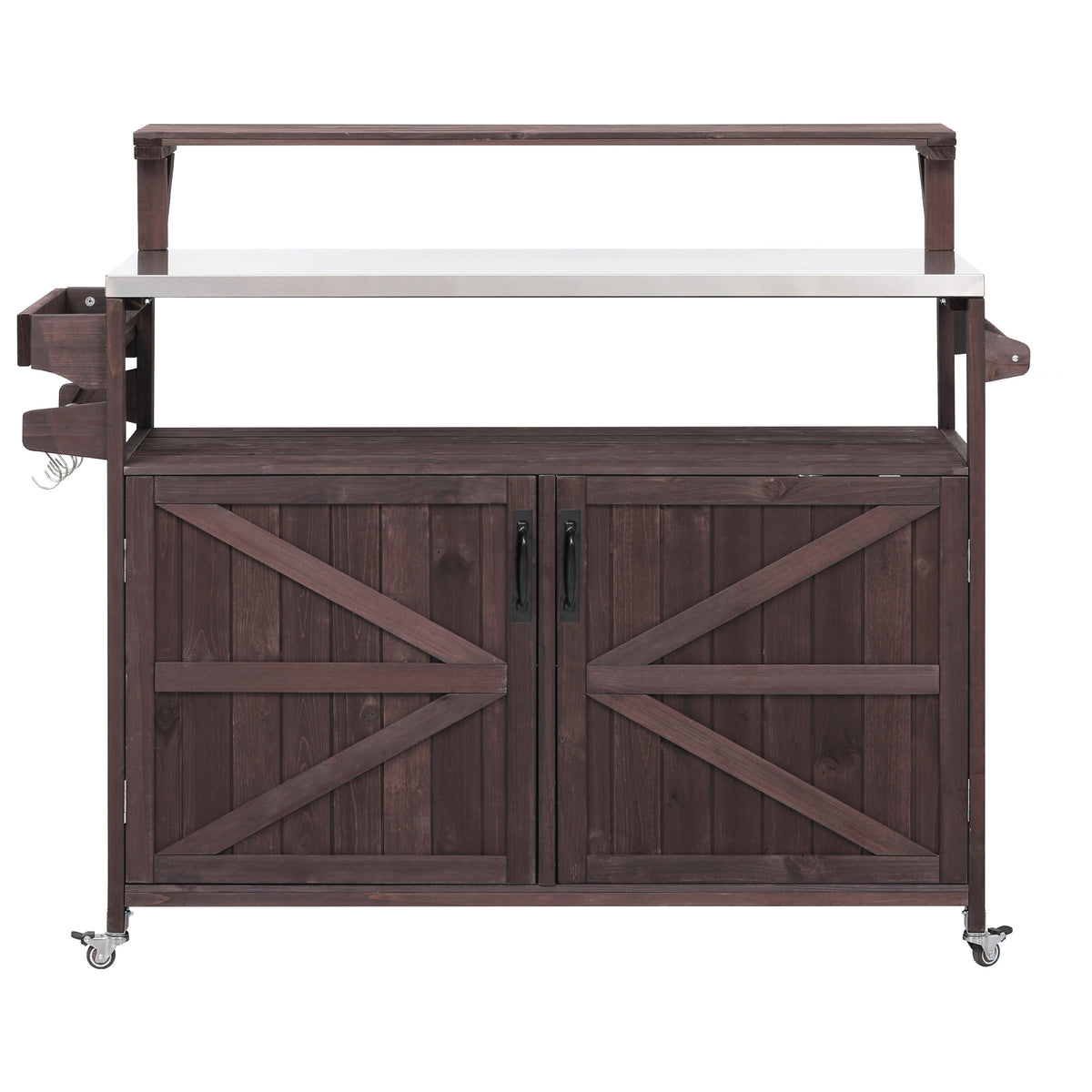 Brown Limoges outdoor kitchen island with stainless steel countertop raised serving shelf double cabinet doors caster wheels and farmhouse-inspired wood design for patio grilling spaces
