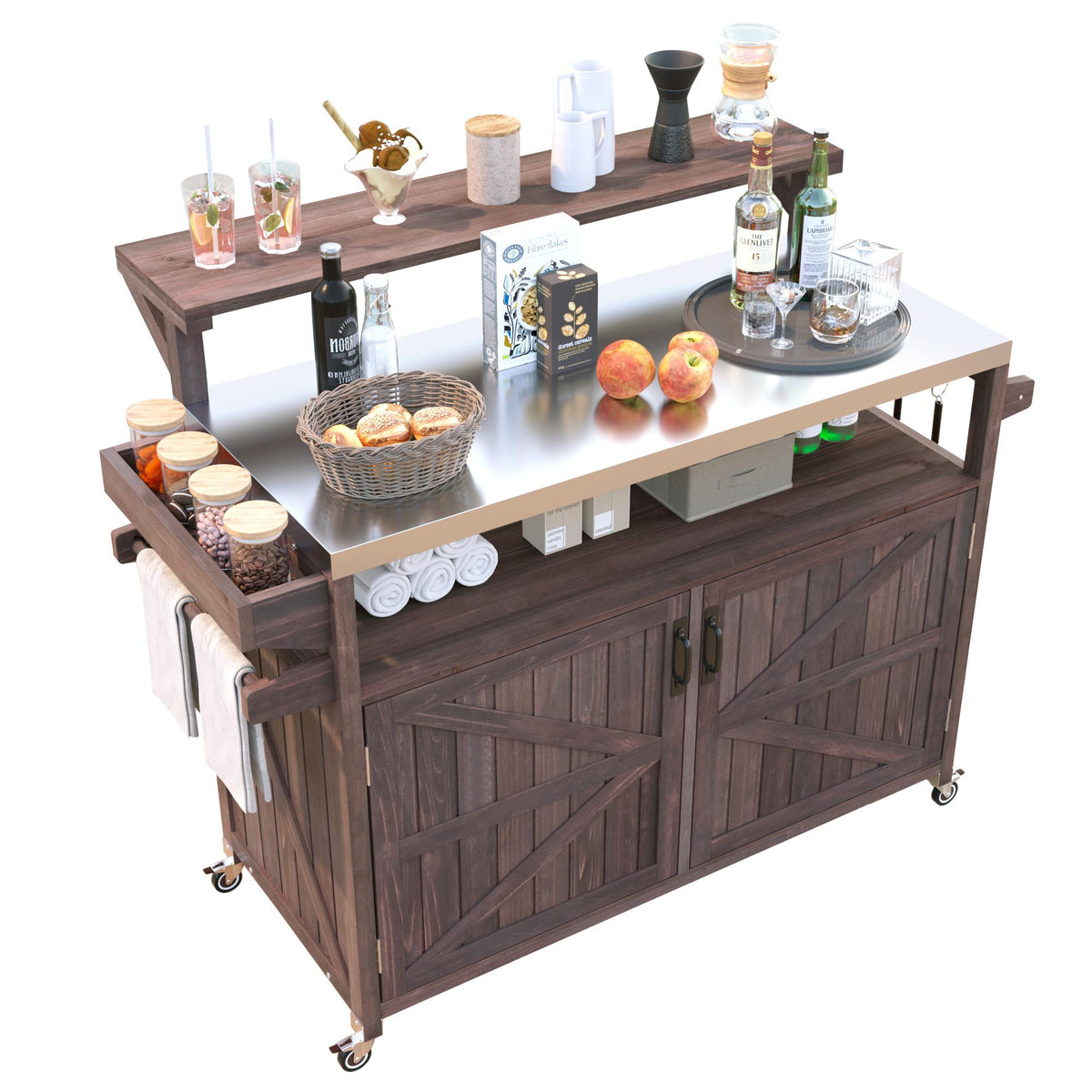 Top angled view of brown Limoges outdoor kitchen island with stainless steel prep surface raised serving shelf enclosed storage towel rack spice holders and rolling caster wheels for patio entertaining