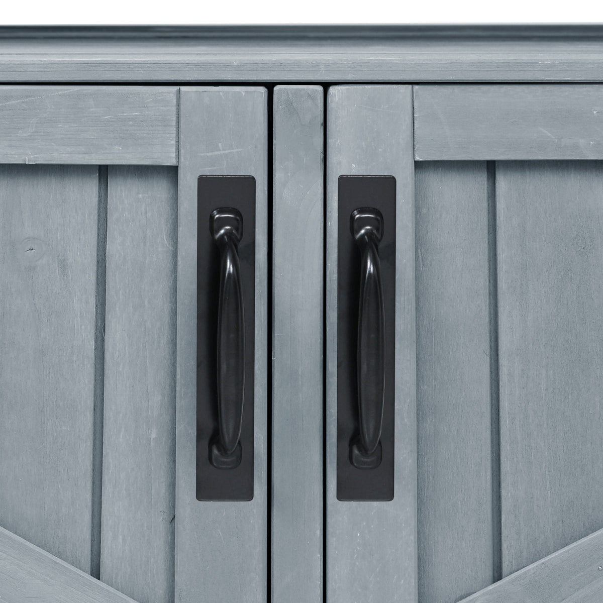 Close-up of the black metal cabinet door handles on the gray blue Limoges outdoor kitchen island featuring farmhouse-inspired hardware and durable solid wood storage design