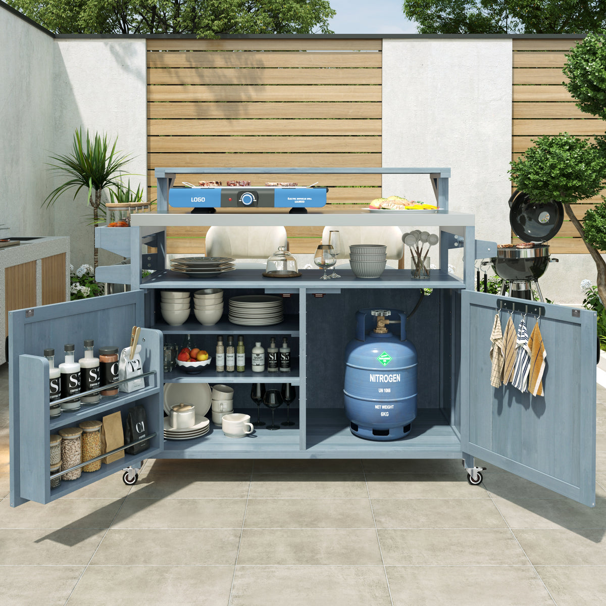 Gray blue Limoges solid wood outdoor kitchen island with stainless steel top spacious cabinet storage spice racks towel hooks and rolling caster wheels designed for outdoor grilling and patio entertaining