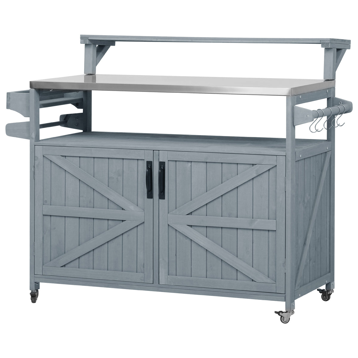 Gray blue Limoges outdoor kitchen island with stainless steel countertop, raised serving shelf, utility hooks, double cabinet doors and rolling caster wheels for patio grilling and outdoor entertaining