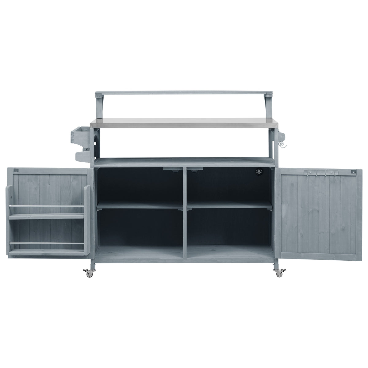 Front view of gray blue Limoges outdoor kitchen island with open cabinet storage adjustable shelves spice rack utility hooks stainless steel countertop and rolling caster wheels for patio cooking and BBQ prep