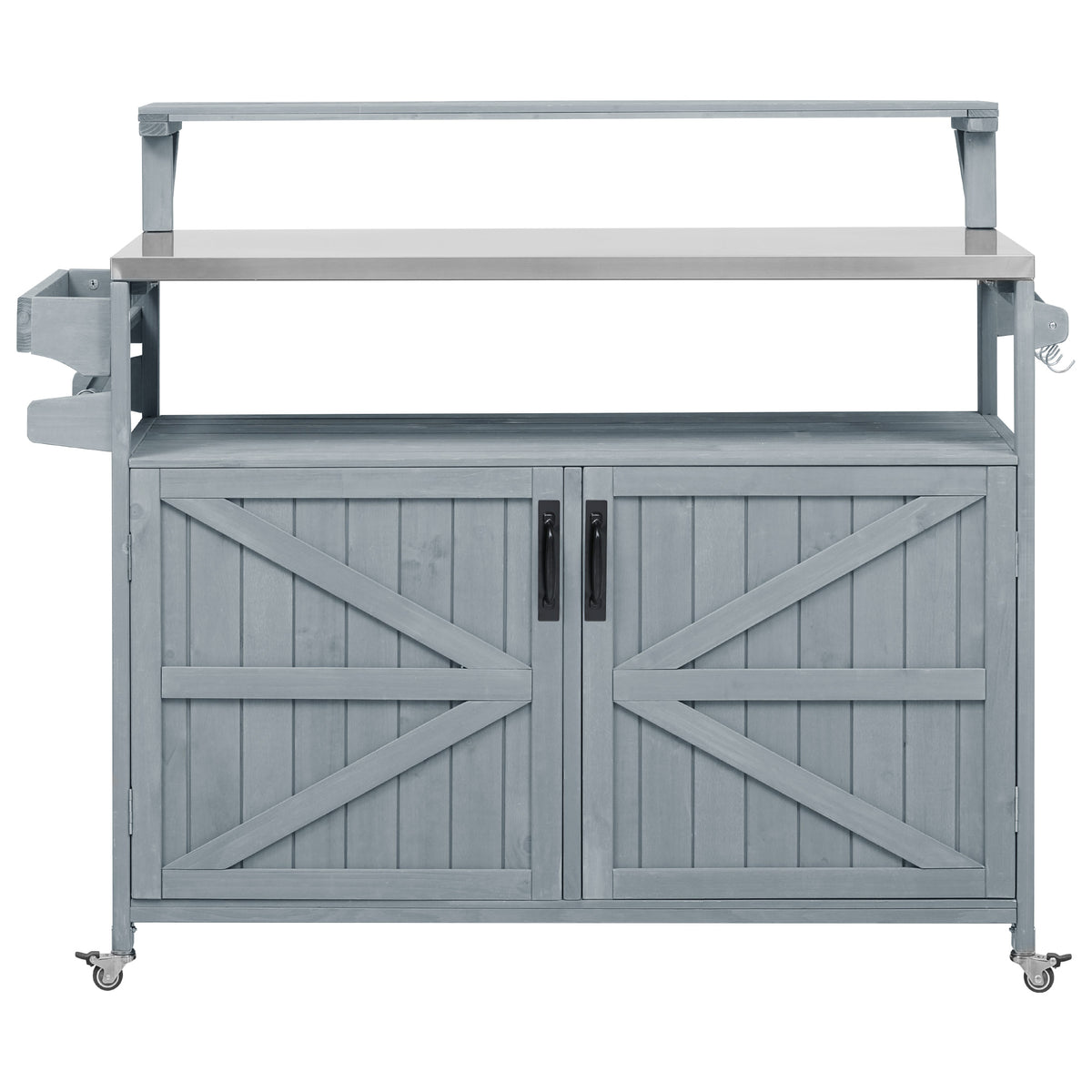 Front view of gray blue Limoges outdoor kitchen island with stainless steel countertop raised serving shelf double cabinet doors and rolling caster wheels for patio grilling and outdoor entertaining