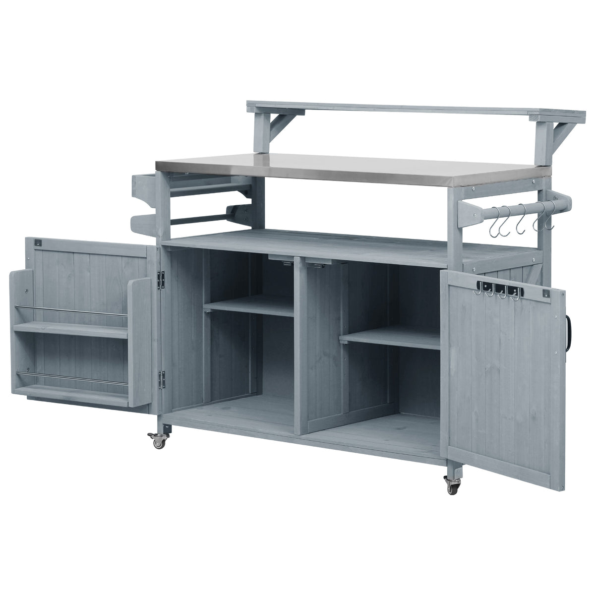 Gray blue Limoges outdoor kitchen island with fully open cabinet storage adjustable shelves spice rack utility hooks stainless steel prep countertop and rolling wheels for patio grilling and outdoor entertaining