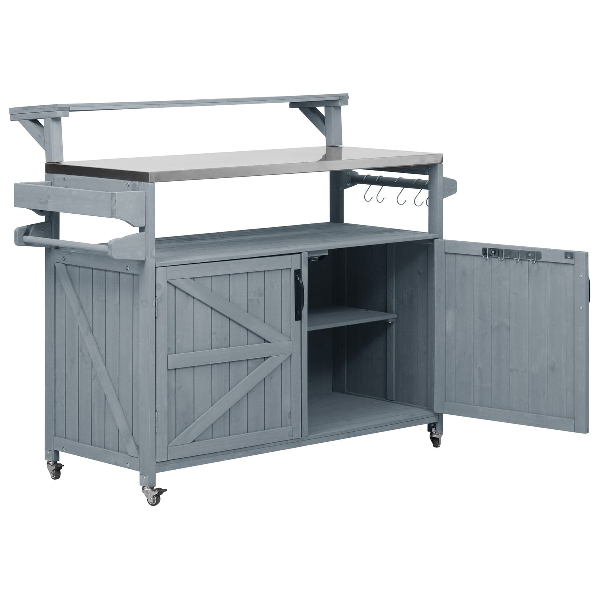 Gray blue Limoges outdoor kitchen island with open right cabinet storage adjustable shelf stainless steel prep top utility hooks rolling caster wheels and farmhouse-style outdoor storage design