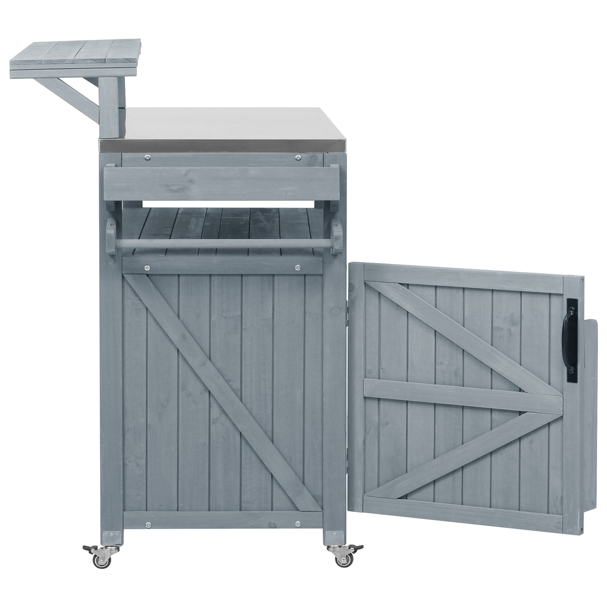 Side view of gray blue Limoges outdoor kitchen island with open barn-style cabinet door stainless steel countertop raised shelf storage rack caster wheels and outdoor prep station design