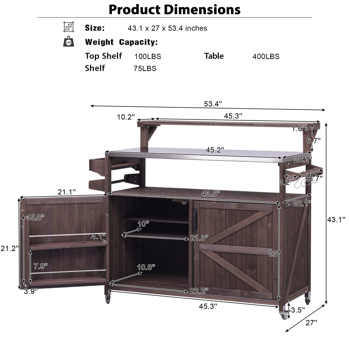 Dimension and load capacity chart for the Limoges solid wood outdoor kitchen island showing overall size shelf measurements storage dimensions and weight capacity details for outdoor cooking and entertaining setup
