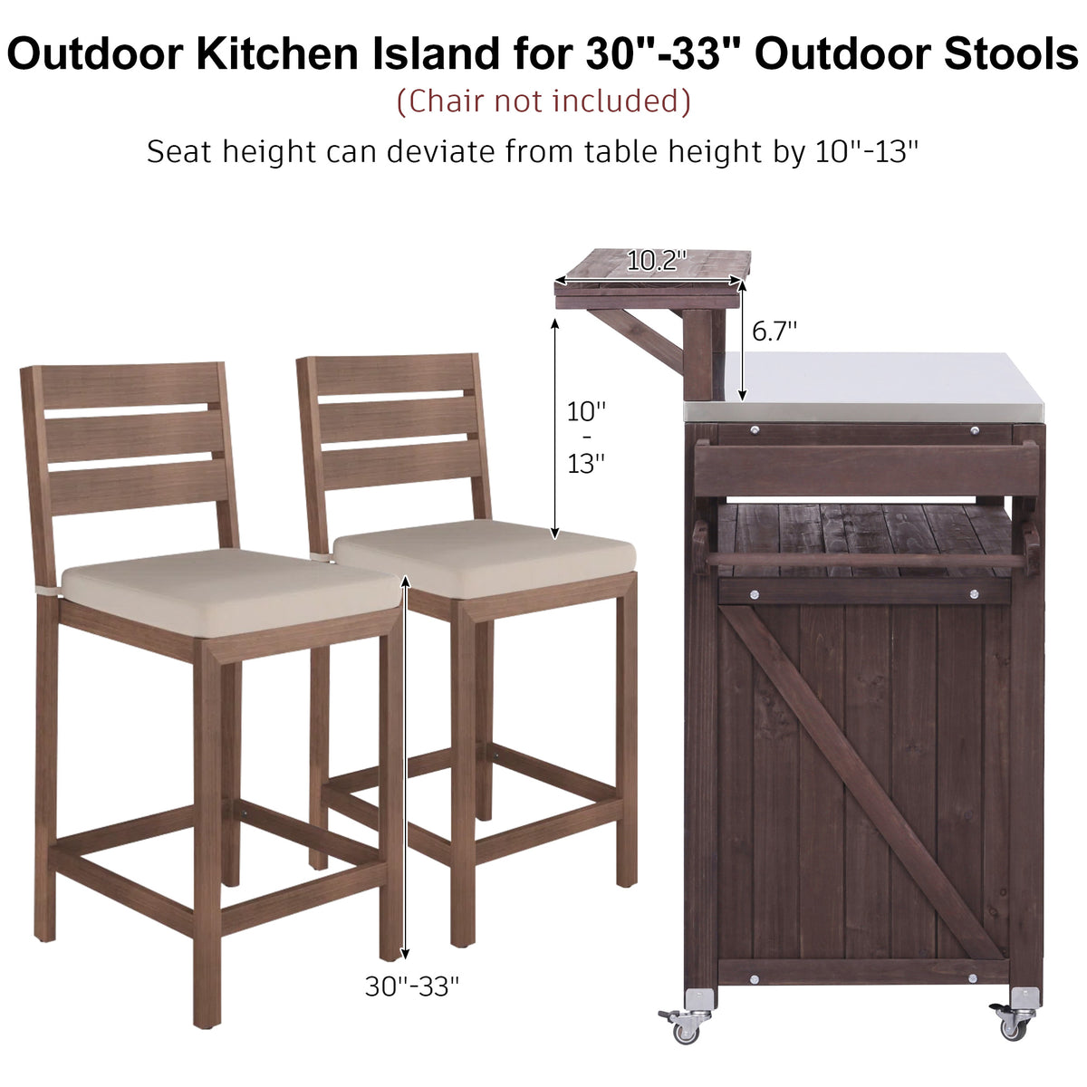 Outdoor stool height compatibility guide for the Limoges outdoor kitchen island showing recommended 30 inch to 33 inch outdoor stools with stainless steel countertop and raised shelf dimensions for comfortable seating and entertaining