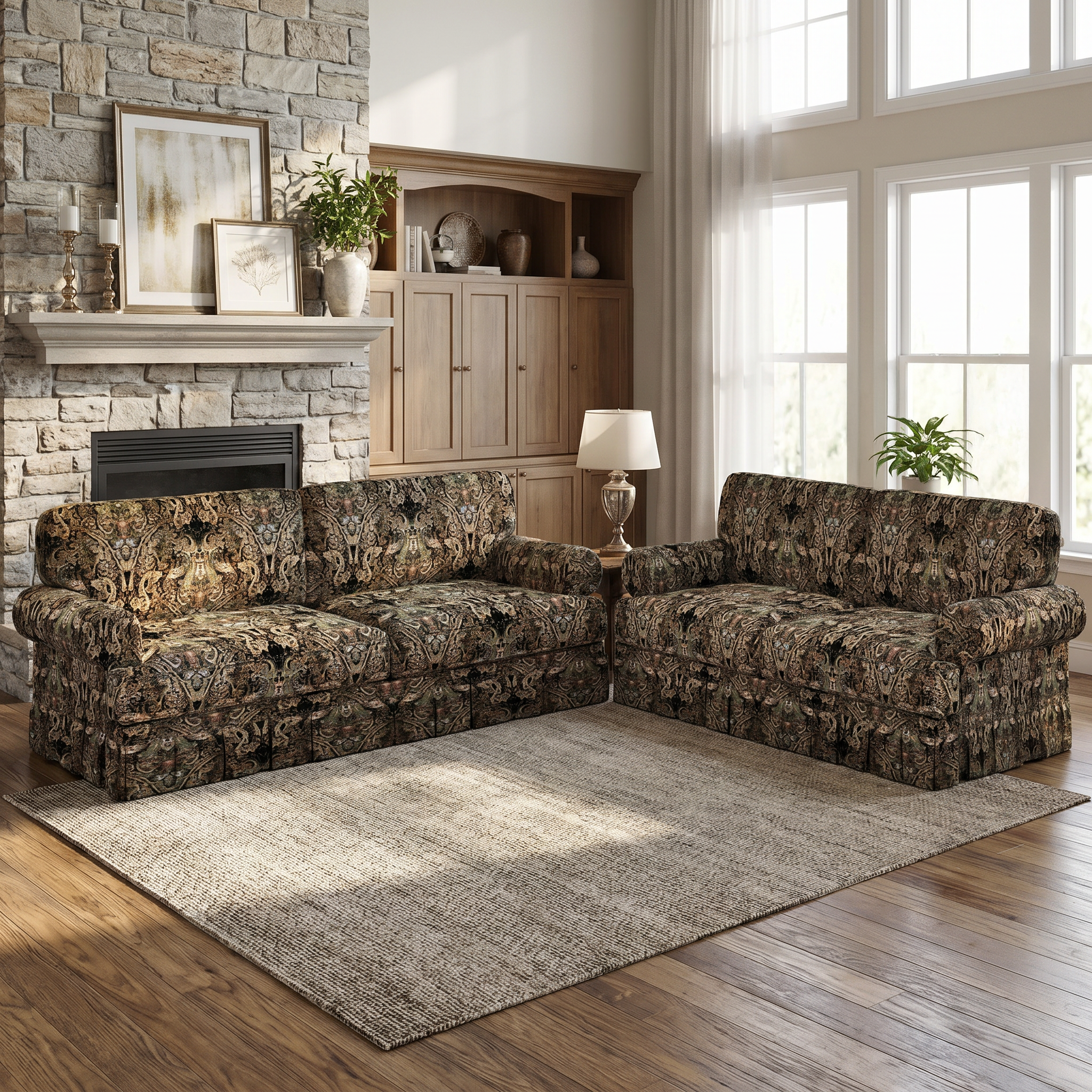 Livonia black patterned oxford fabric sofa in vintage inspired living room