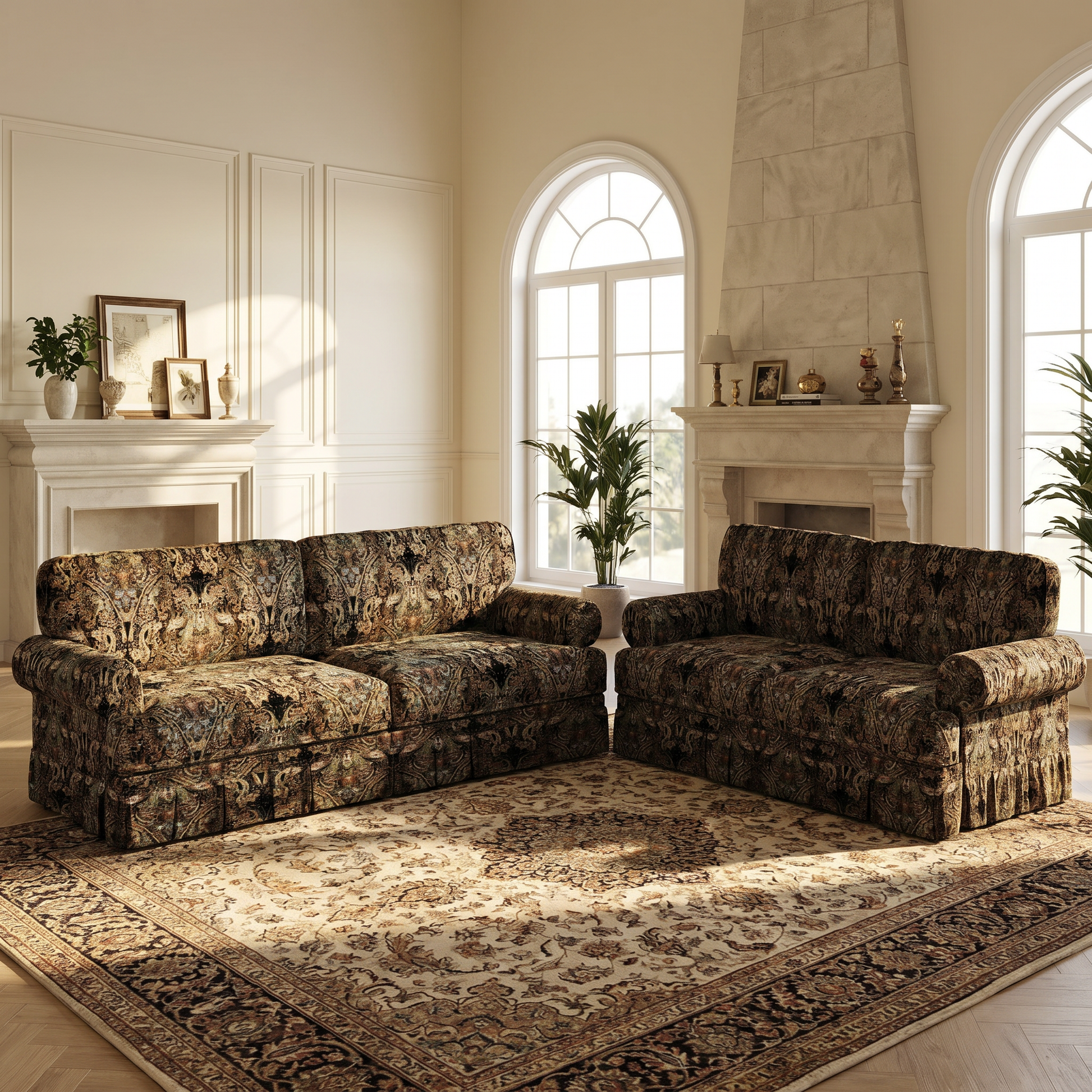 Livonia black patterned oxford fabric sofa in vintage inspired living room
