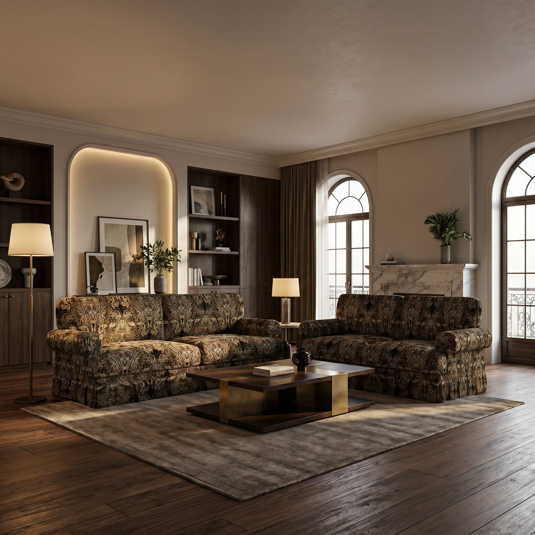 Livonia black patterned oxford fabric sofa in vintage inspired living room