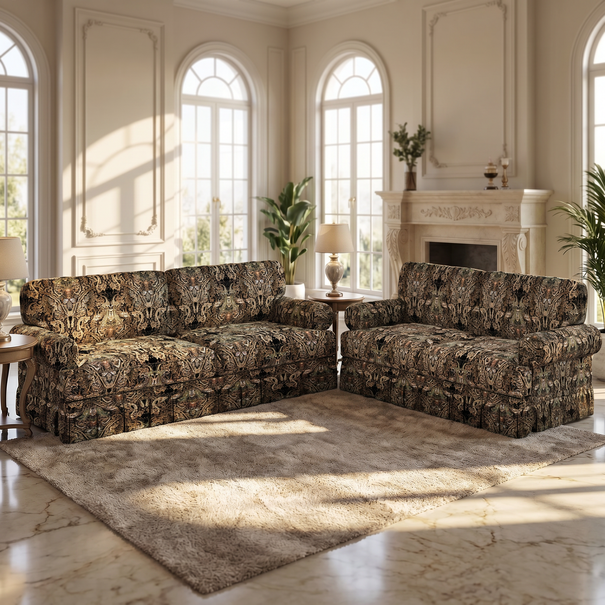 Livonia black patterned oxford fabric sofa in vintage inspired living room
